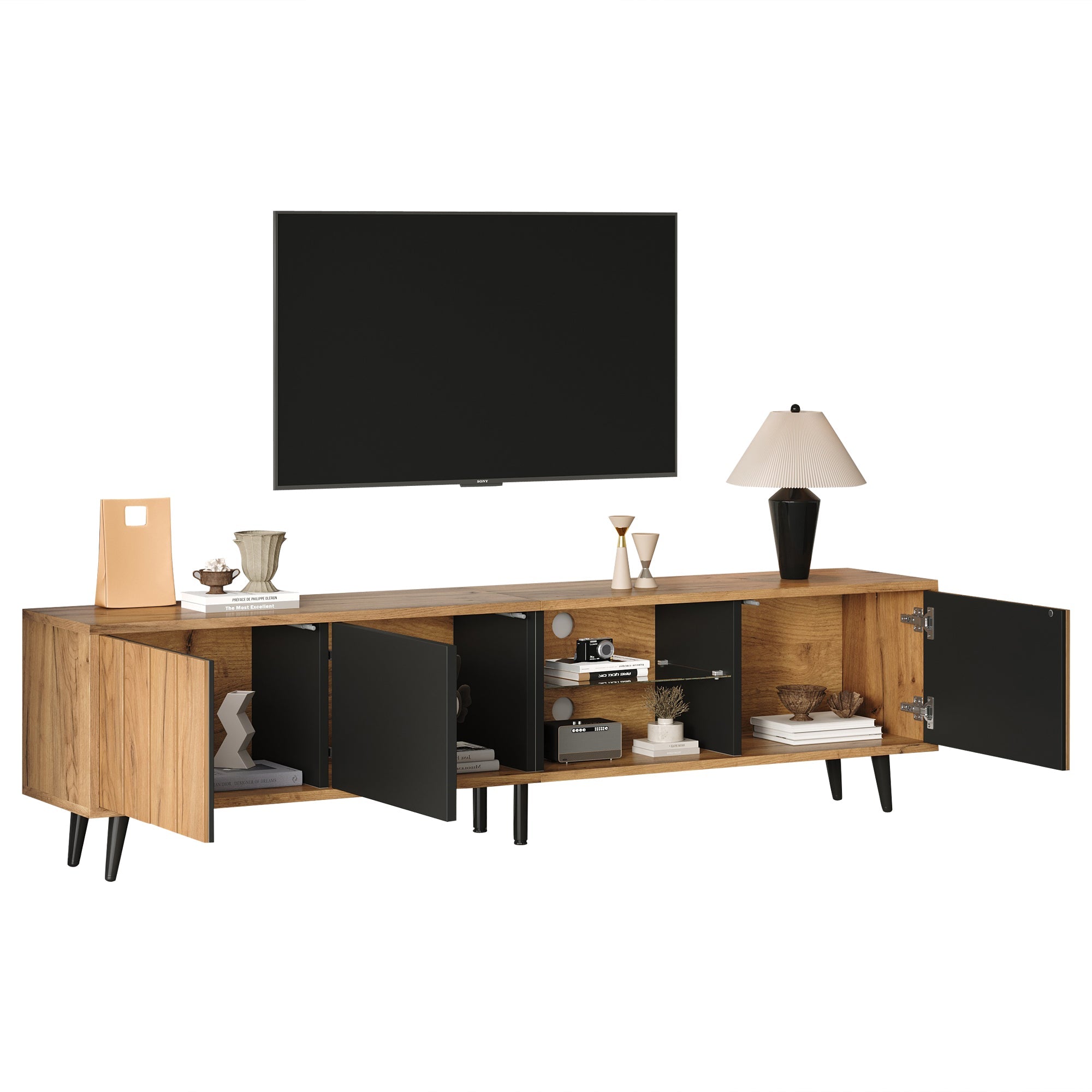 Lowboard TV Cabinet 175x31.5x45cm for 75-inch TVs with 3 Cabinets Wood Black