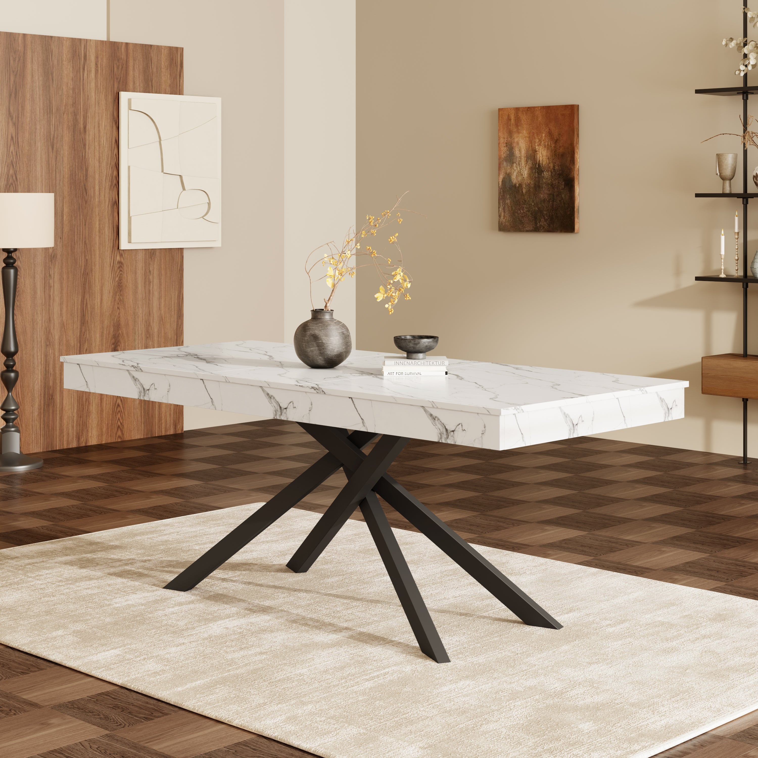 Extendable Dining Table 140/180x80cm Rectangular 6-8 Seater Metal Legs - White