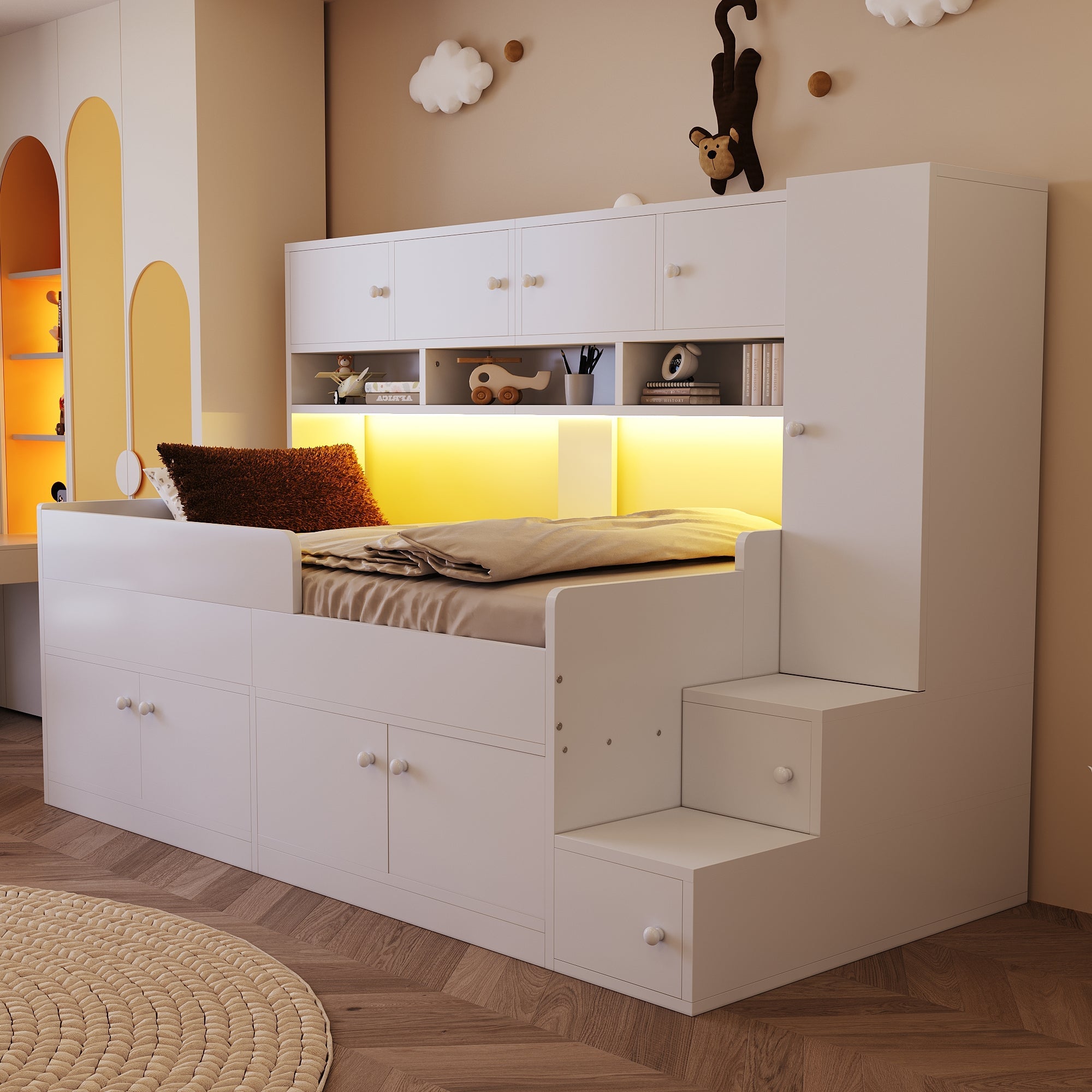 Wooden Children's Bed with Storage, Wardrobe, Ladder and LED Lighting, 90x200cm, White Wood