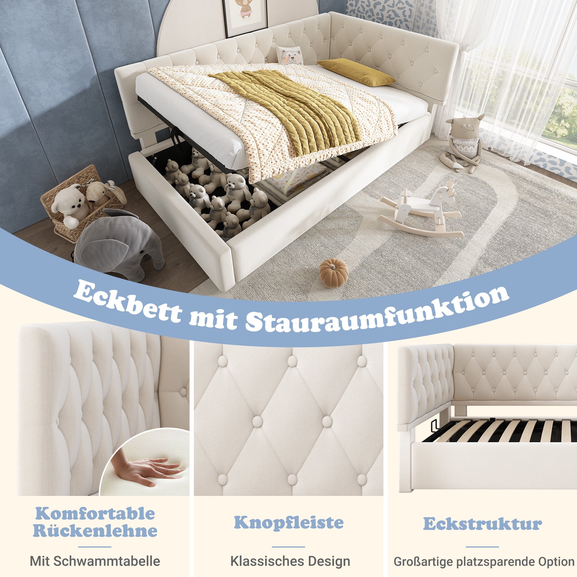 Upholstered Bed, Day Bed Sofa Bed with Hydraulic Storage, 90x190cm, Velvet Beige