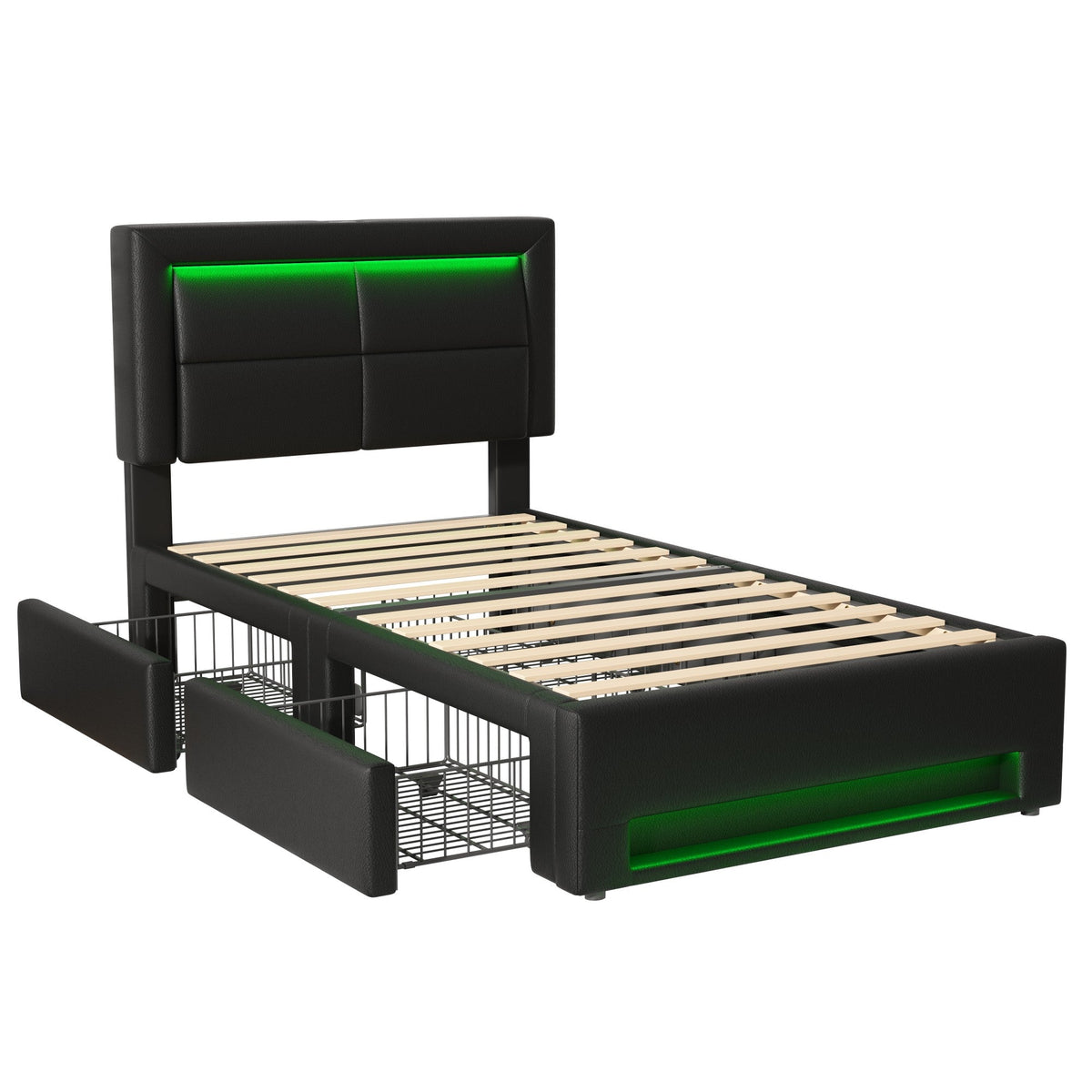Upholstered Bed 90x190cm USB Charging LED Lighting 4 Drawers - PU Lychee Black