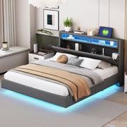Upholstered Bed, 160x200 cm with USB & LED, Reversible Headboard, Grey Linen