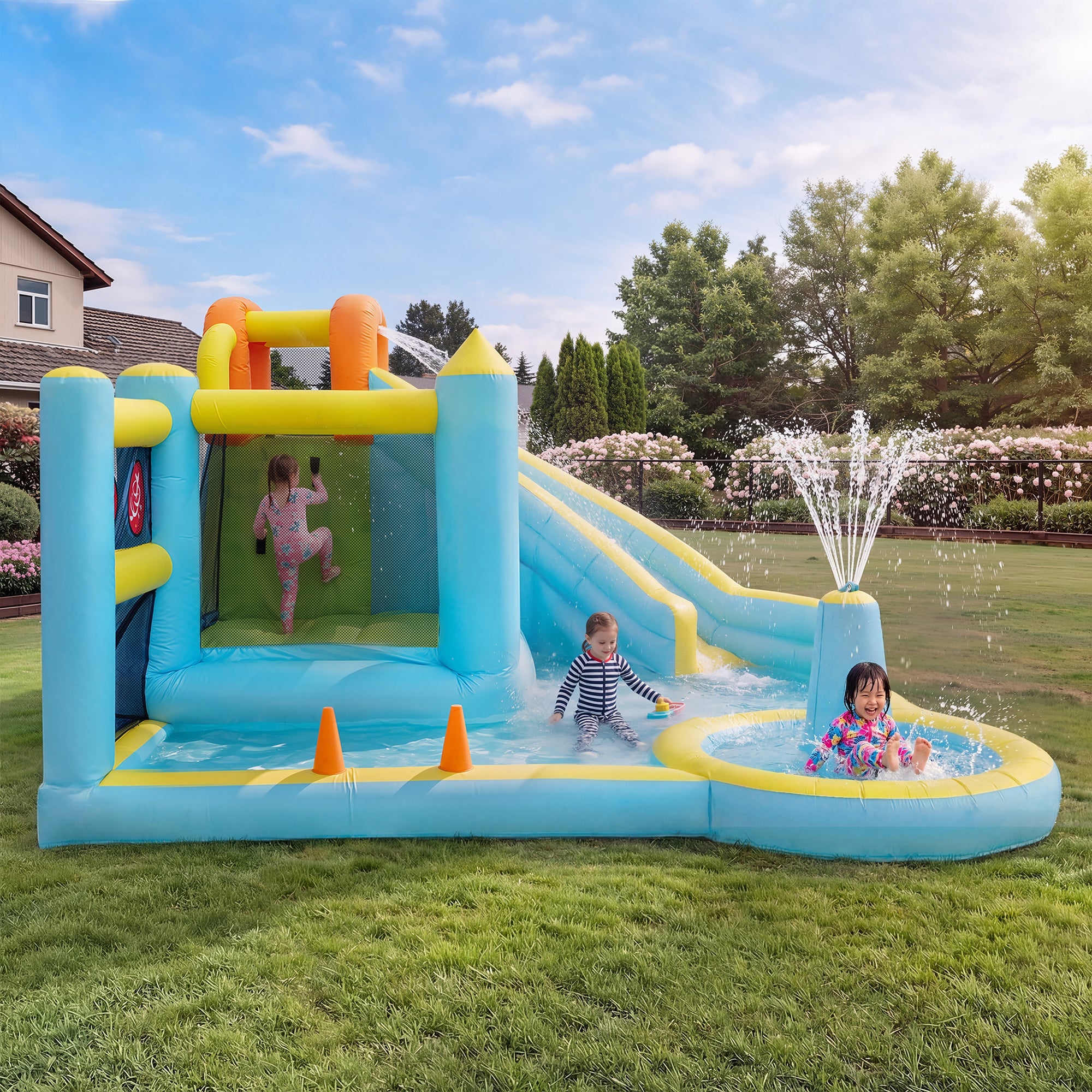 Children's Bouncy Castle Water Park with Slide, Pool and Blower, 430x390x210cm, Inflatable Multi-color