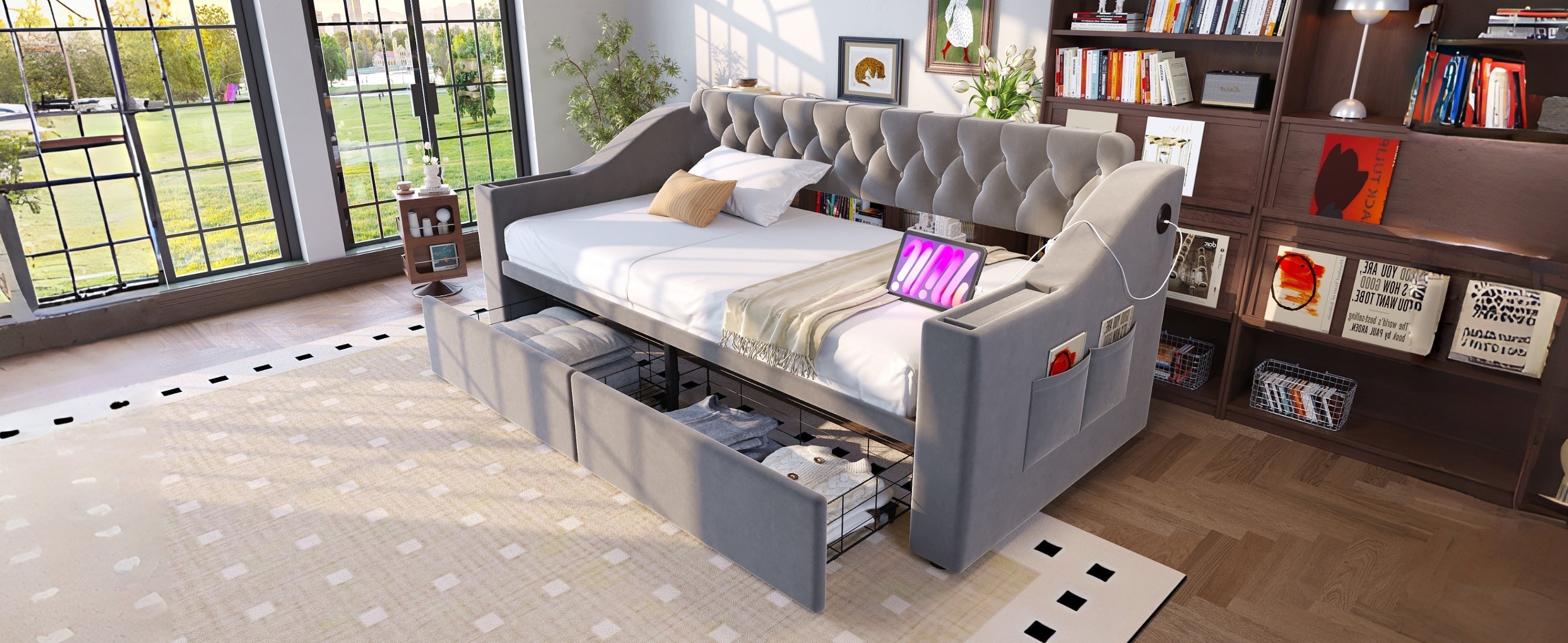 Upholstered Sofa Bed 90x190cm USB Charging Armrest Storage Drawer Light Grey Velvet