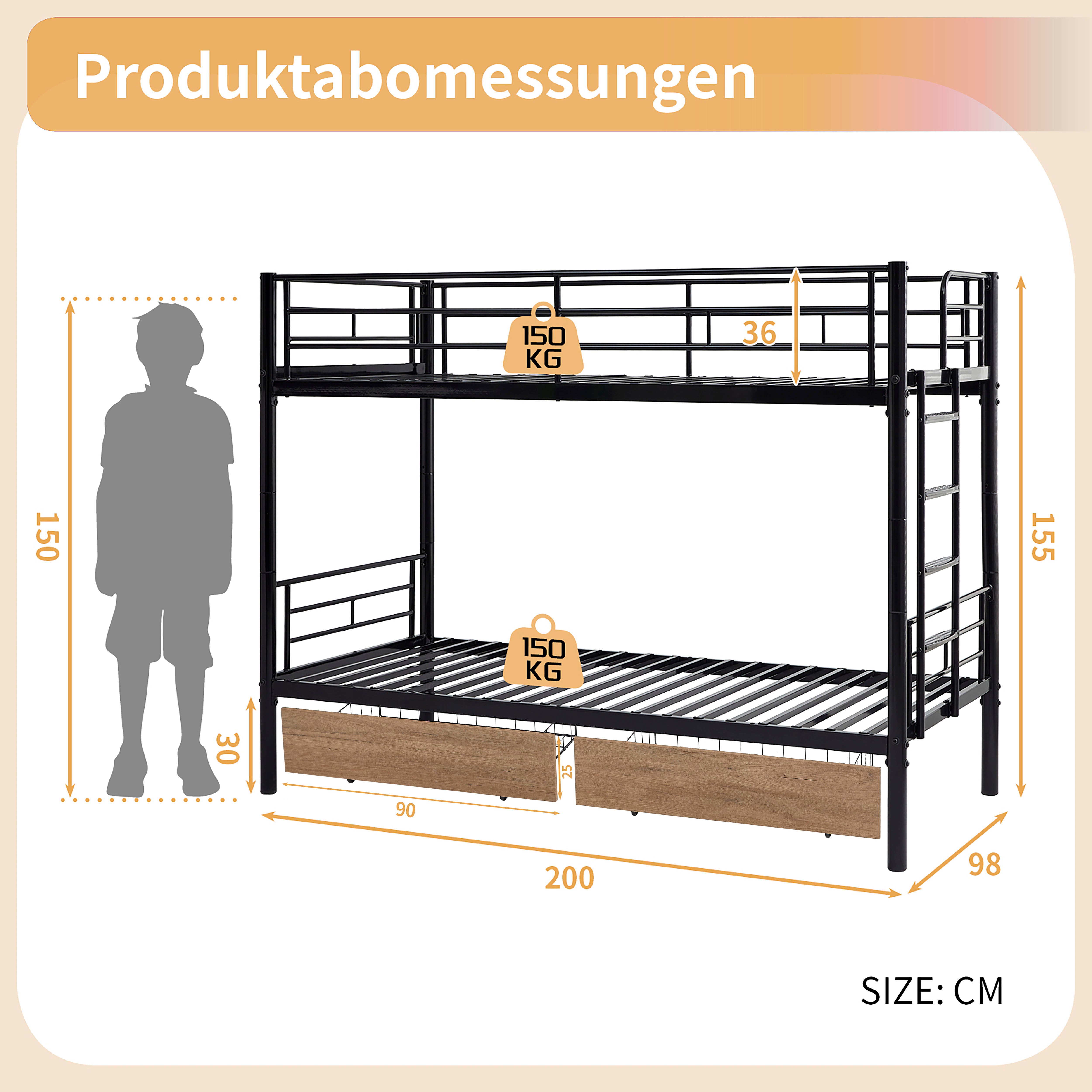 Bunk Bed 90x200cm with Drawers, Convertible to Single Beds, Black Metal