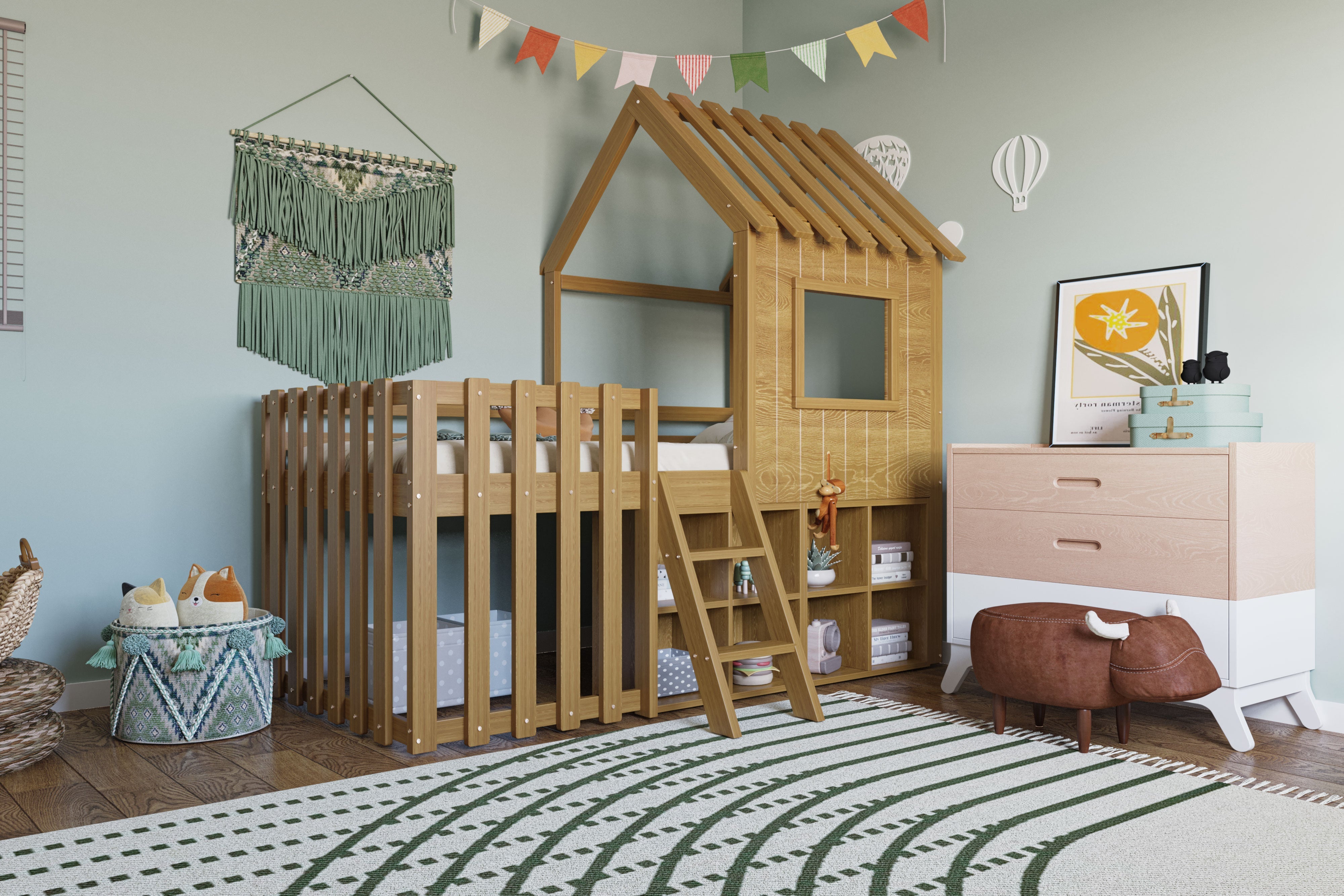 Children's House Bed 90x200 with Roof, Window, Storage & Ladder, Solid Wood