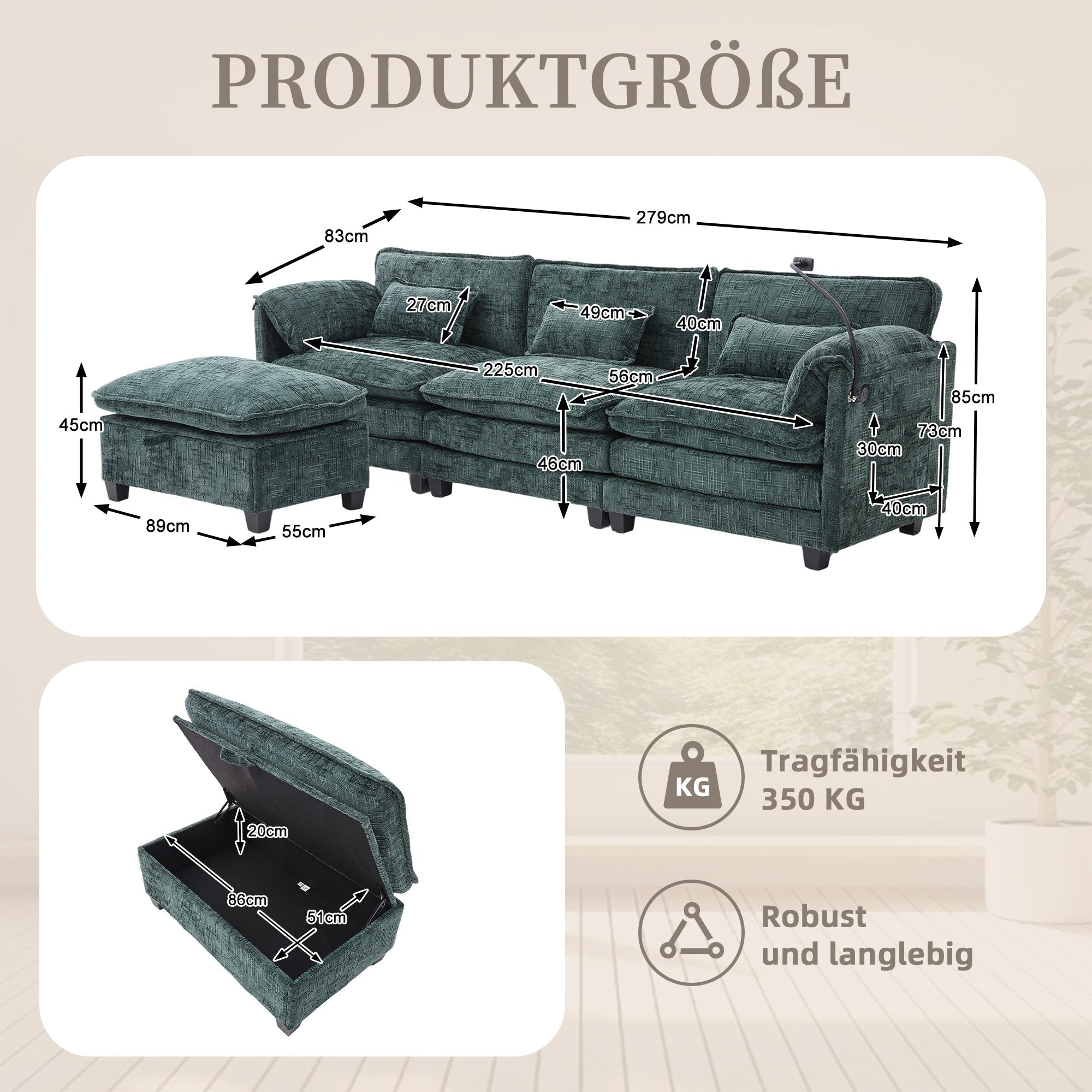 Modern 2-seater Sofa, USB Port Side Storage, Modular Footstool, Chenille Emerald