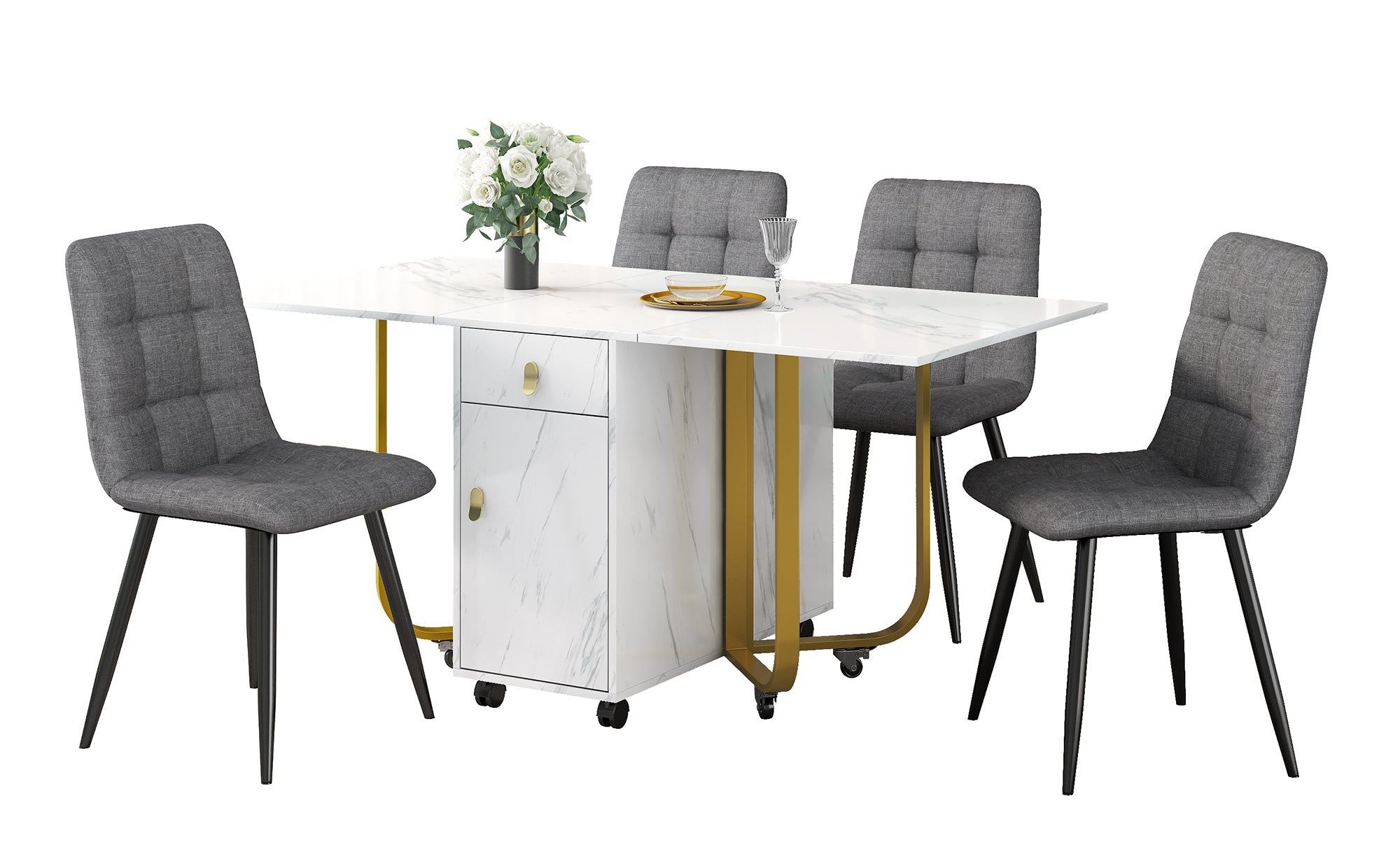 Dining Set, Folding Kitchen Table with 4 Linen Chairs, White MDF & Black Legs