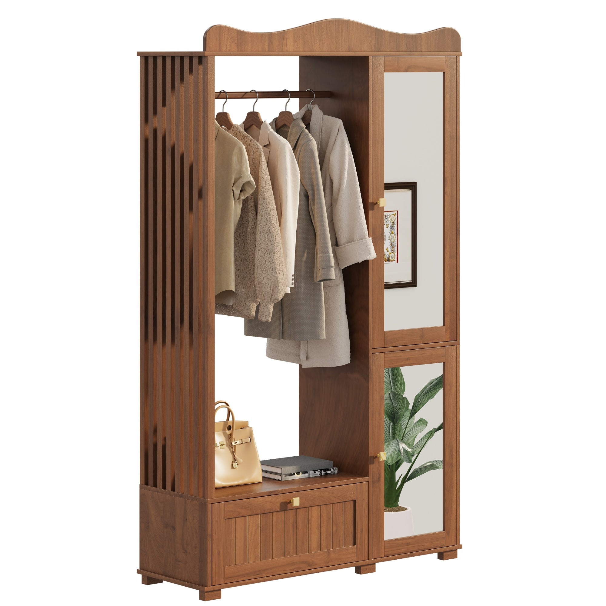 Wardrobe with Mirror and Open Clothes Rack, Drawer and 2 Doors, Natural Wood and Glass