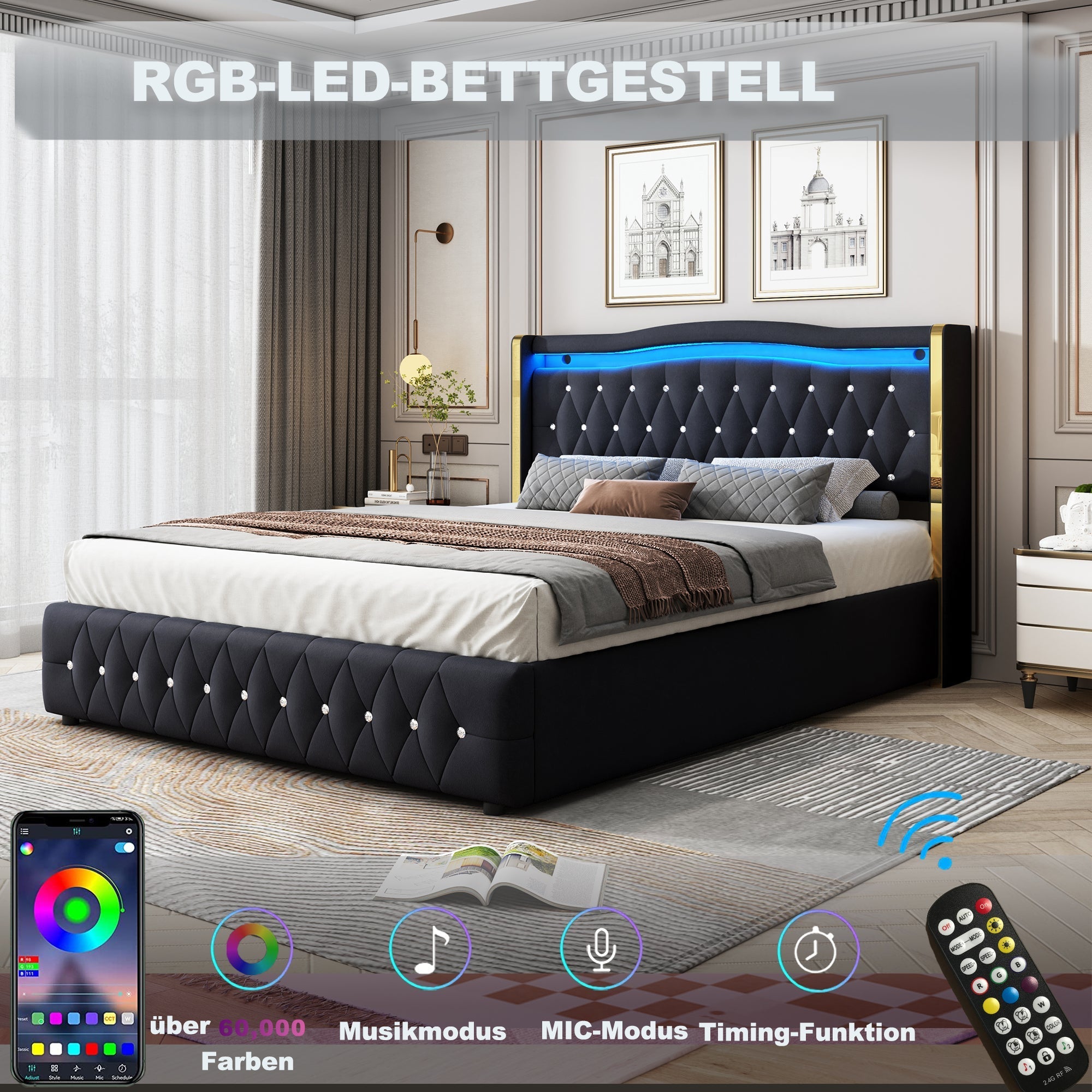 Upholstered Double Bed with LED Lights and Hydraulic Storage, Velvet