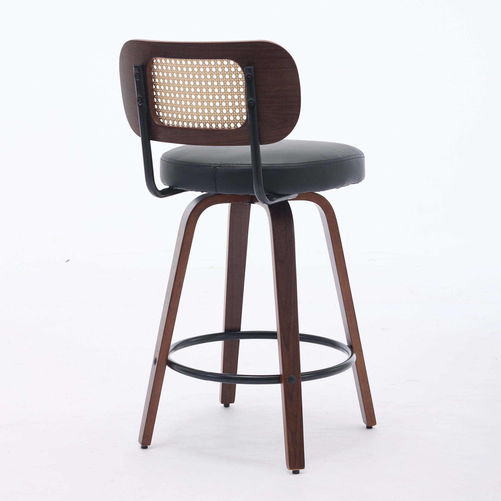 Set of 3 Counter Height Bar Stools Swivel Rattan Cane Back 26 inch Upholstered Seat Walnut Black