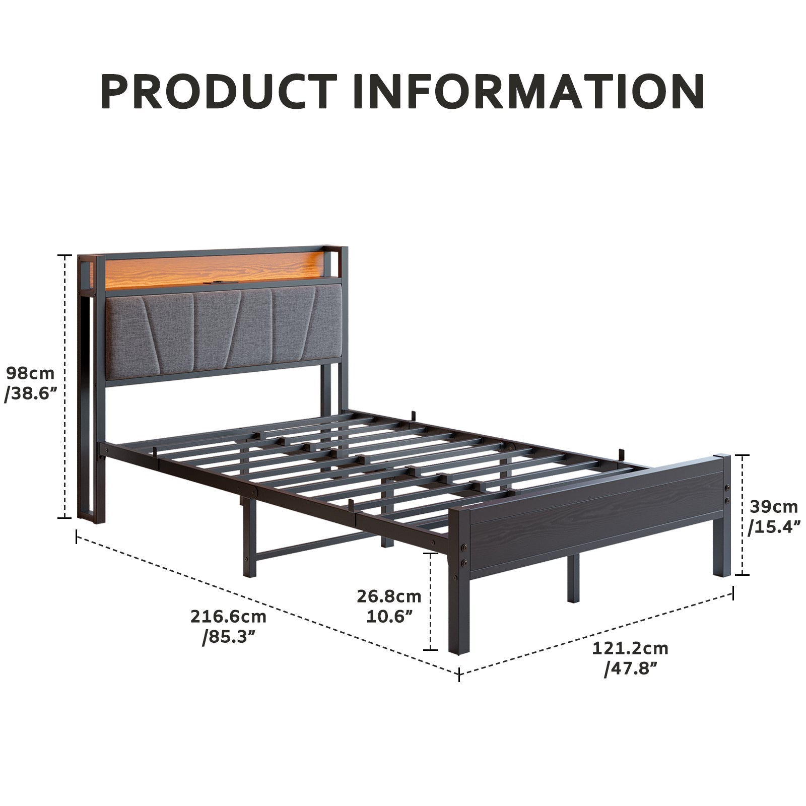 Bed Frame 120x200cm Smart LED USB Memory Headboard - Metal Slatted