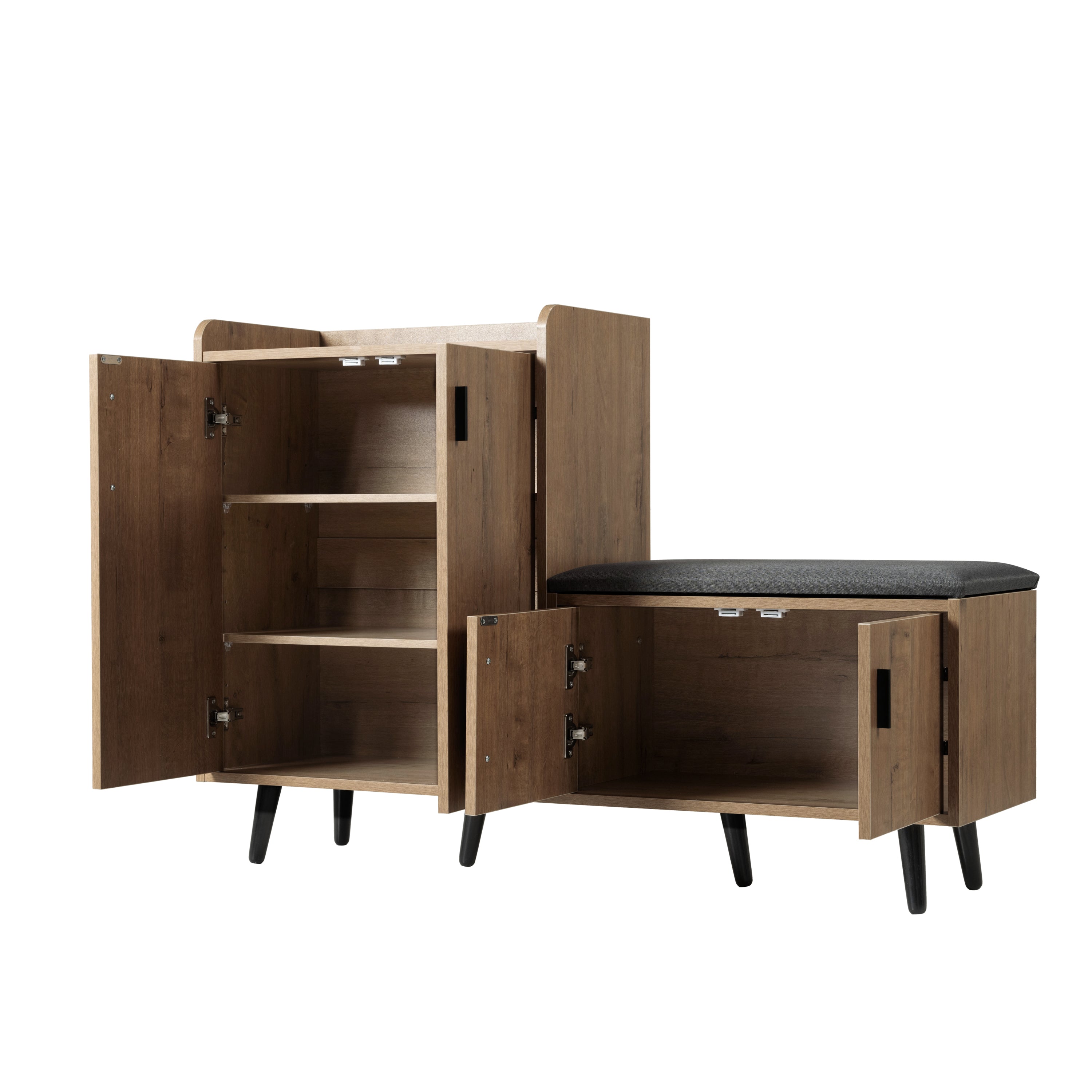 Modern shoe bench with wood grain, shoe cabinet, four storage doors, asymmetrical metal handles