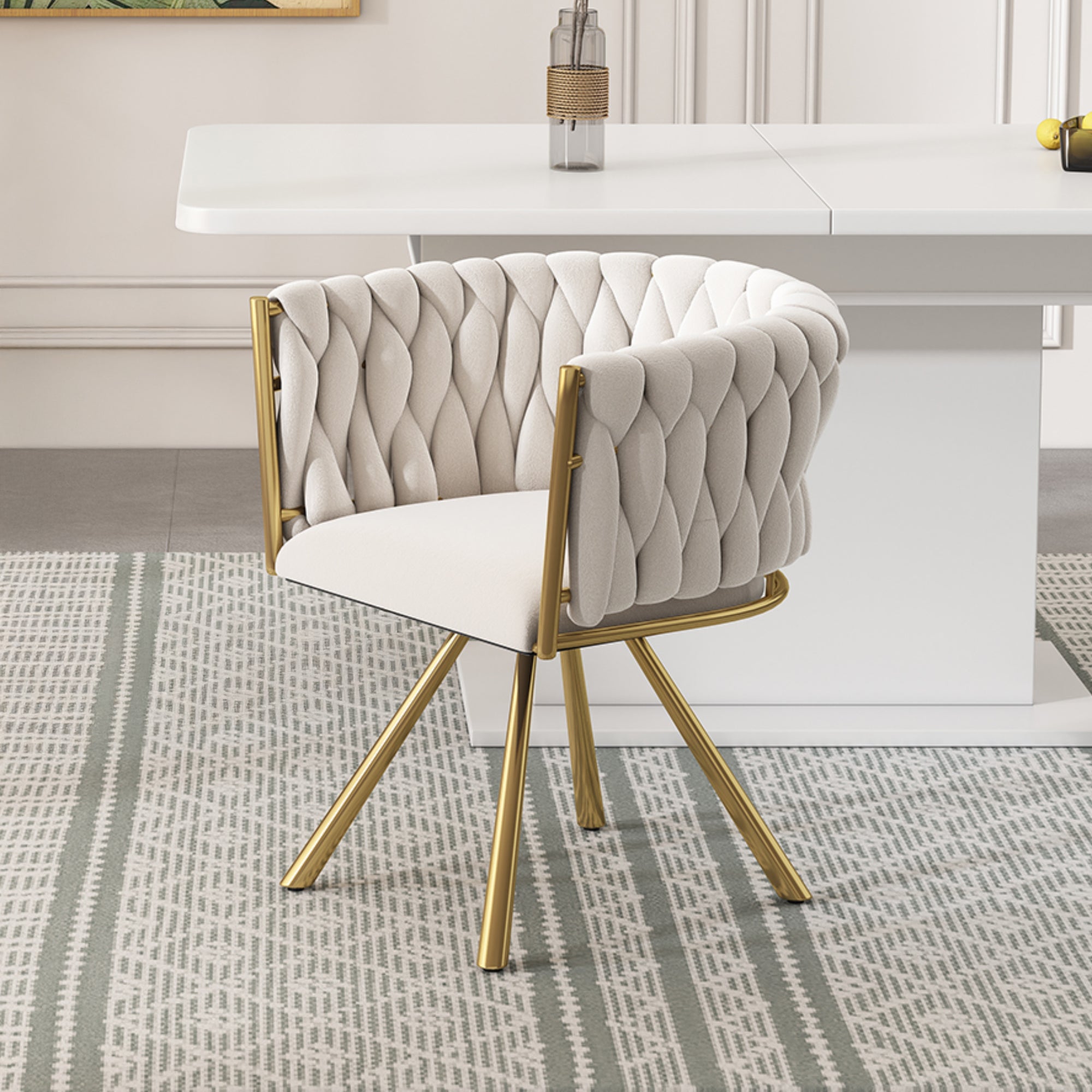 Velvet Swivel Chair, Single Light Luxury Dining/Living/Bedroom with Metal Legs, Beige and Gold