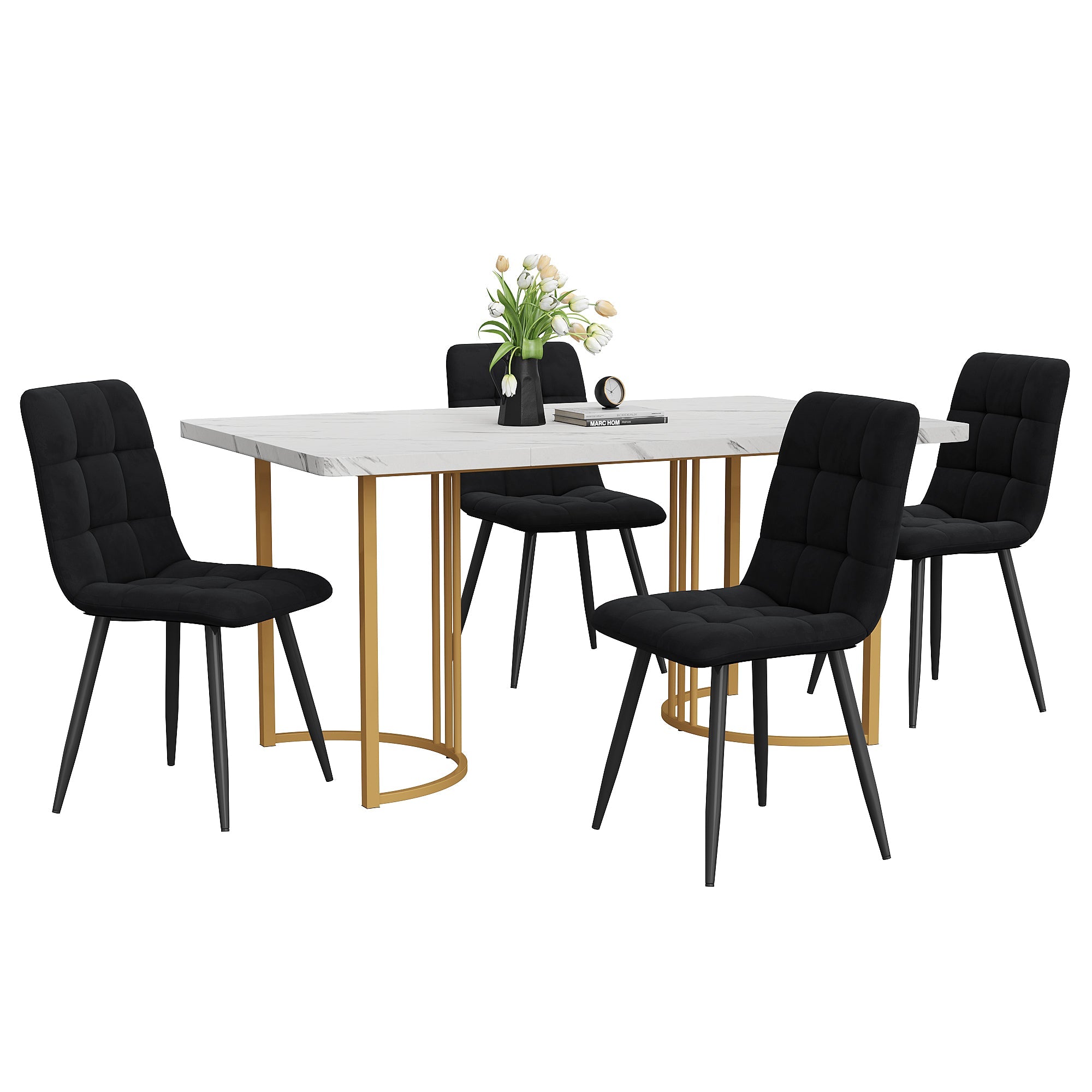 5-Piece Dining Set 140x80cm Table 4 Chairs Gold Metal Legs White MDF/Black Velvet