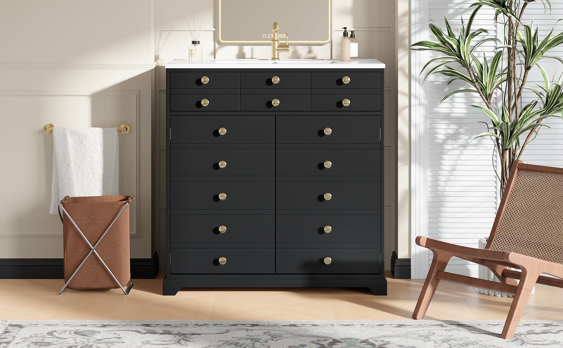Bathroom Vanity Unit with Ceramic Sink and Storage Drawers, Black and Gold