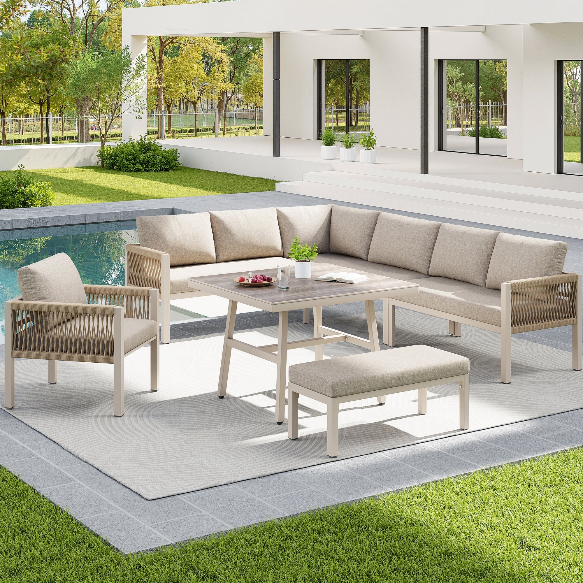 Garden Sofa Set L-Shape 8-Seater Hand-Woven with Table & Armchair - Iron Frame Beige