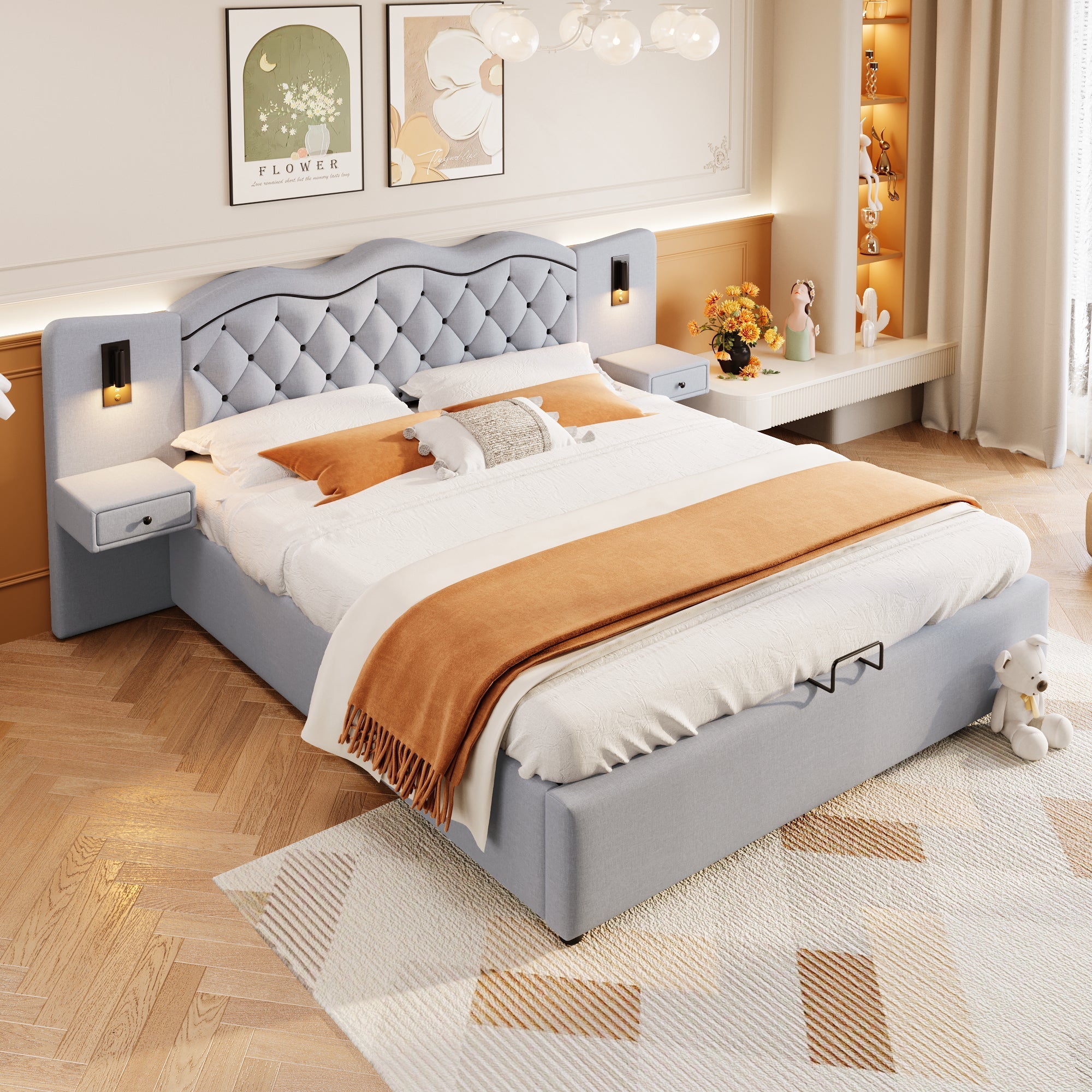 Upholstered Flat Bed with Hydraulic Lifting Mechanism, USB Ports and Storage, Grey