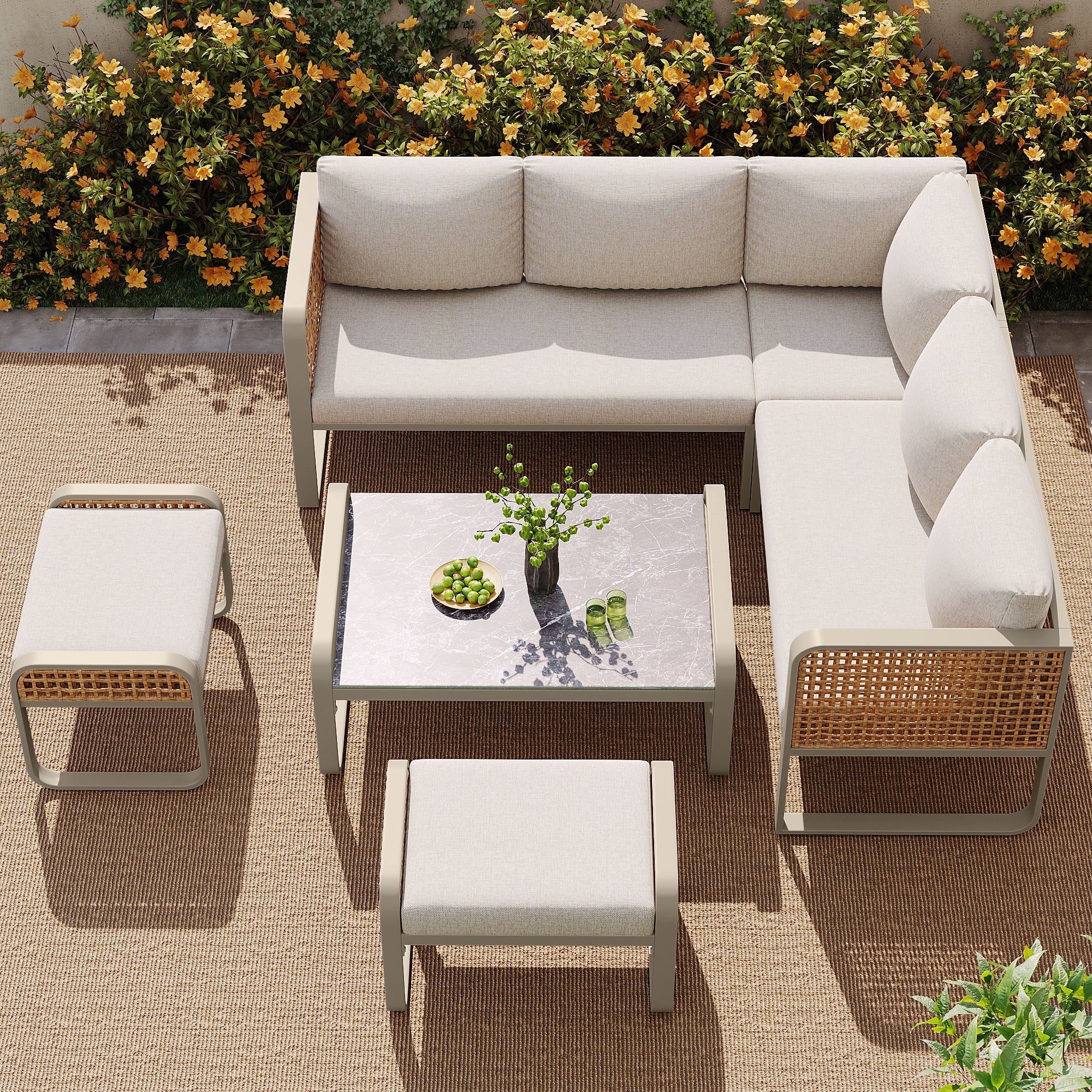 Garden Lounge Set Rattan Corner Sofa 6-7 Seater Adjustable Legs - Beige
