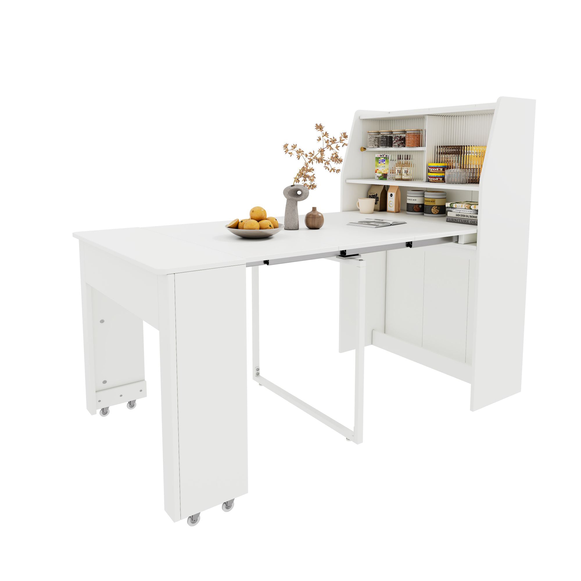 Extendable Dining Table Multifunctional Storage Cabinet Rectangular White