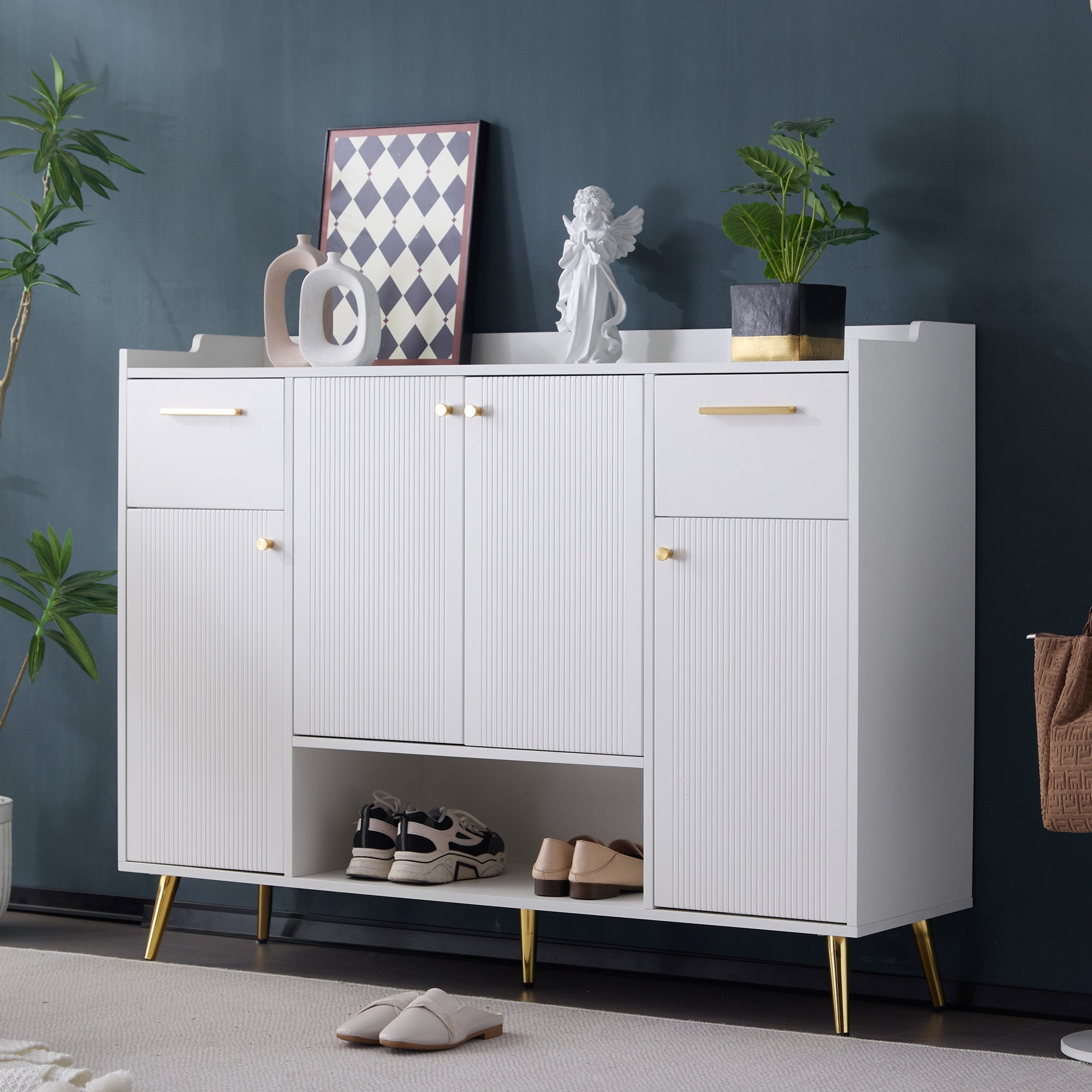 Shoe cabinet, shoe rack with 2 drawers and 4 doors, metal feet, white