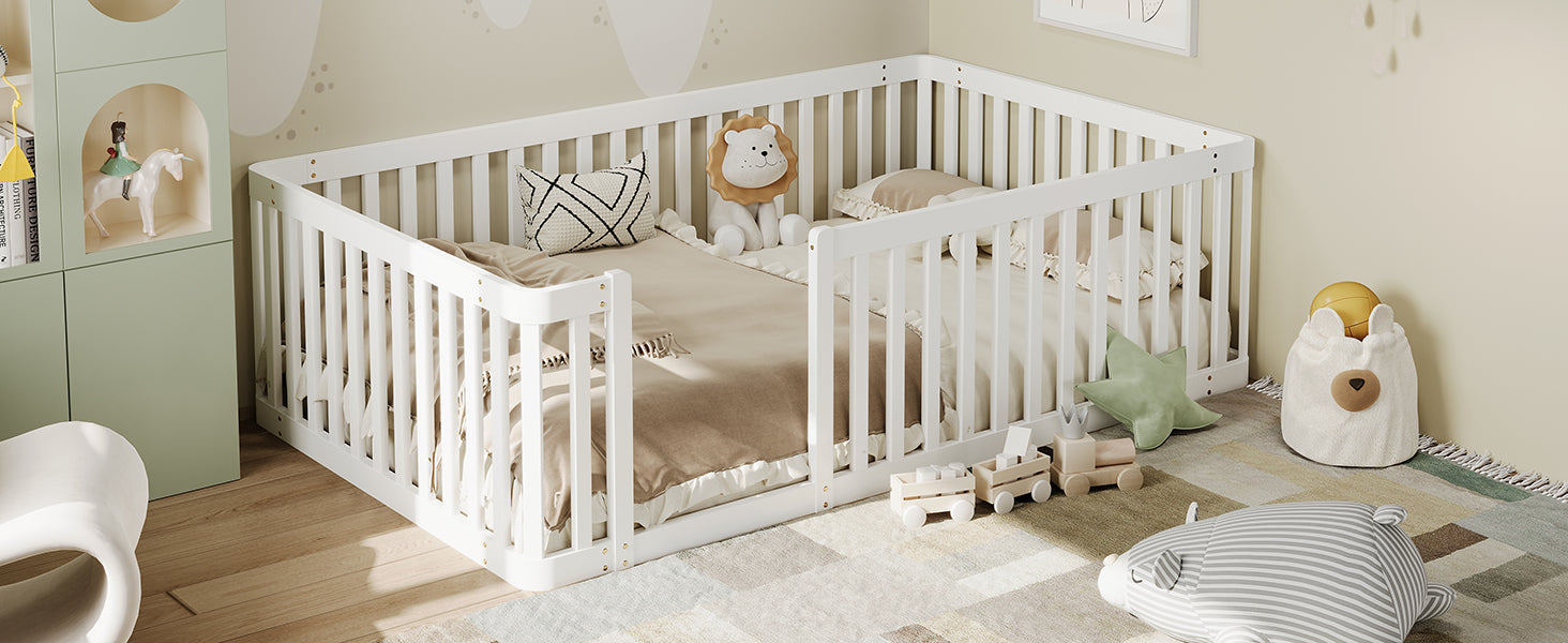 Wooden Bed Frame with Safety Fence, 90x200cm, White Pine Wood
