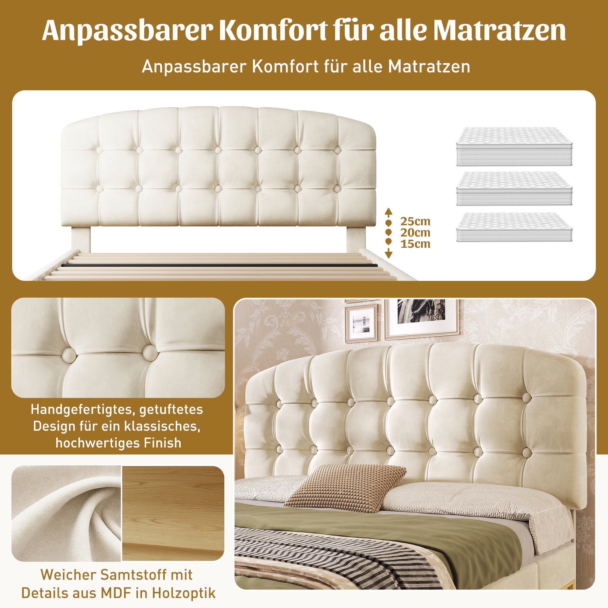 Double Bed with Storage Drawers and Adjustable Headboard, 140x190cm, Beige Velvet