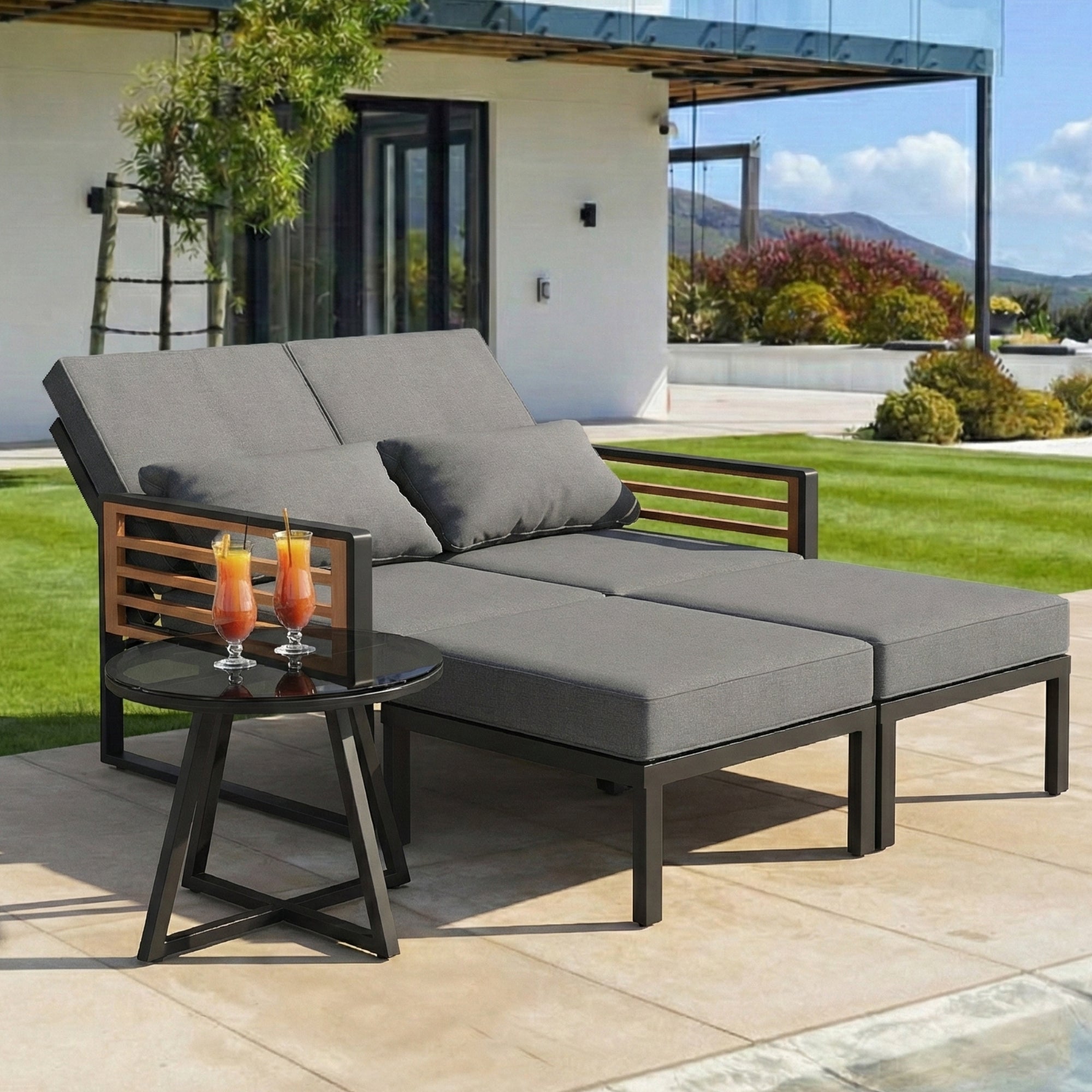 Garden Lounge Set for 2-4 People, Adjustable Outdoor Daybed and Sofa with Cushions, Grey Wood Look