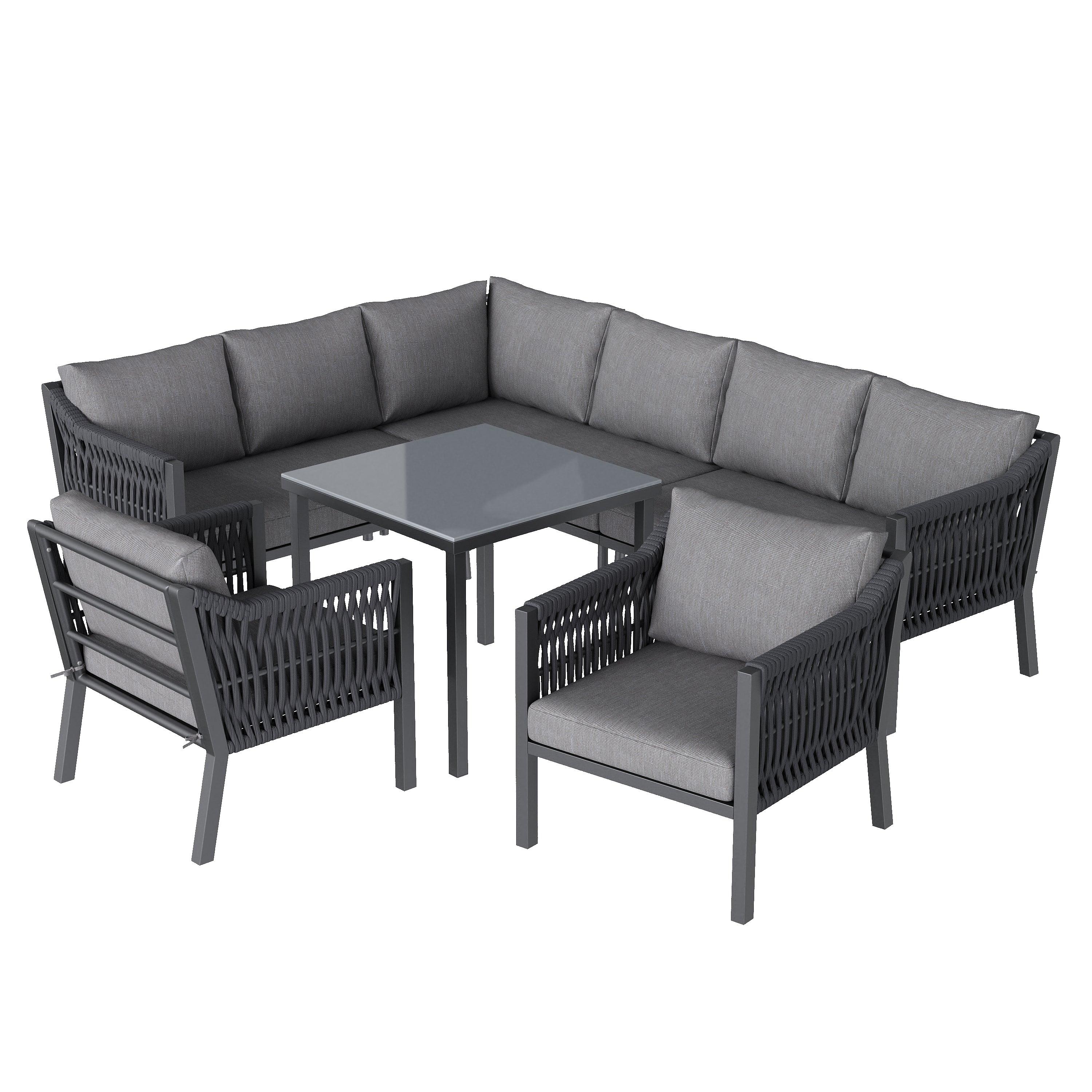Garden Dining Set, 8-Person Corner Sofa with Table and Armchairs, Grey Hand-Woven Rope and Galvanized Iron