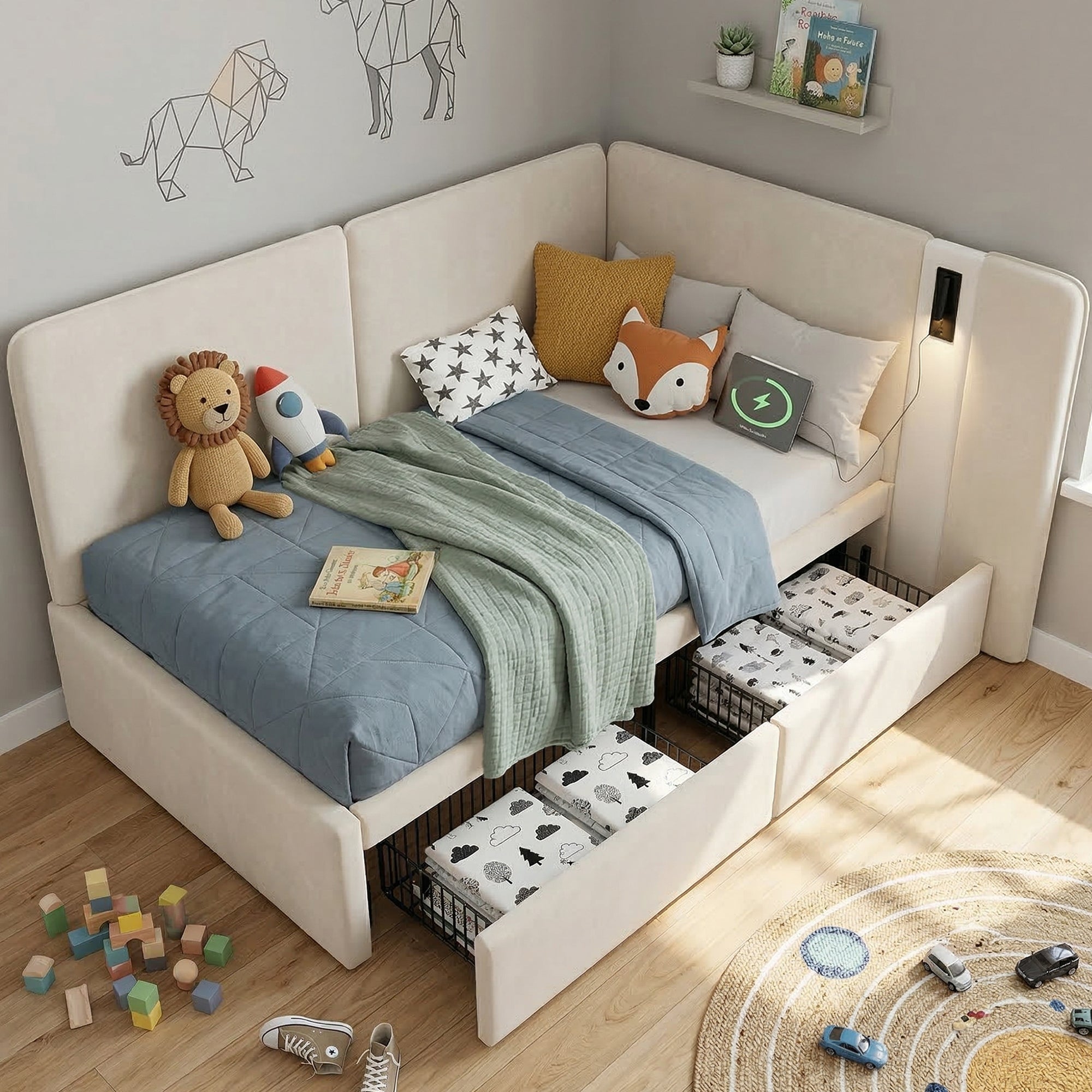 Upholstered Daybed with 2 Drawers, USB Charging Port and Reading Lamp, 90x200cm, Beige Velvet