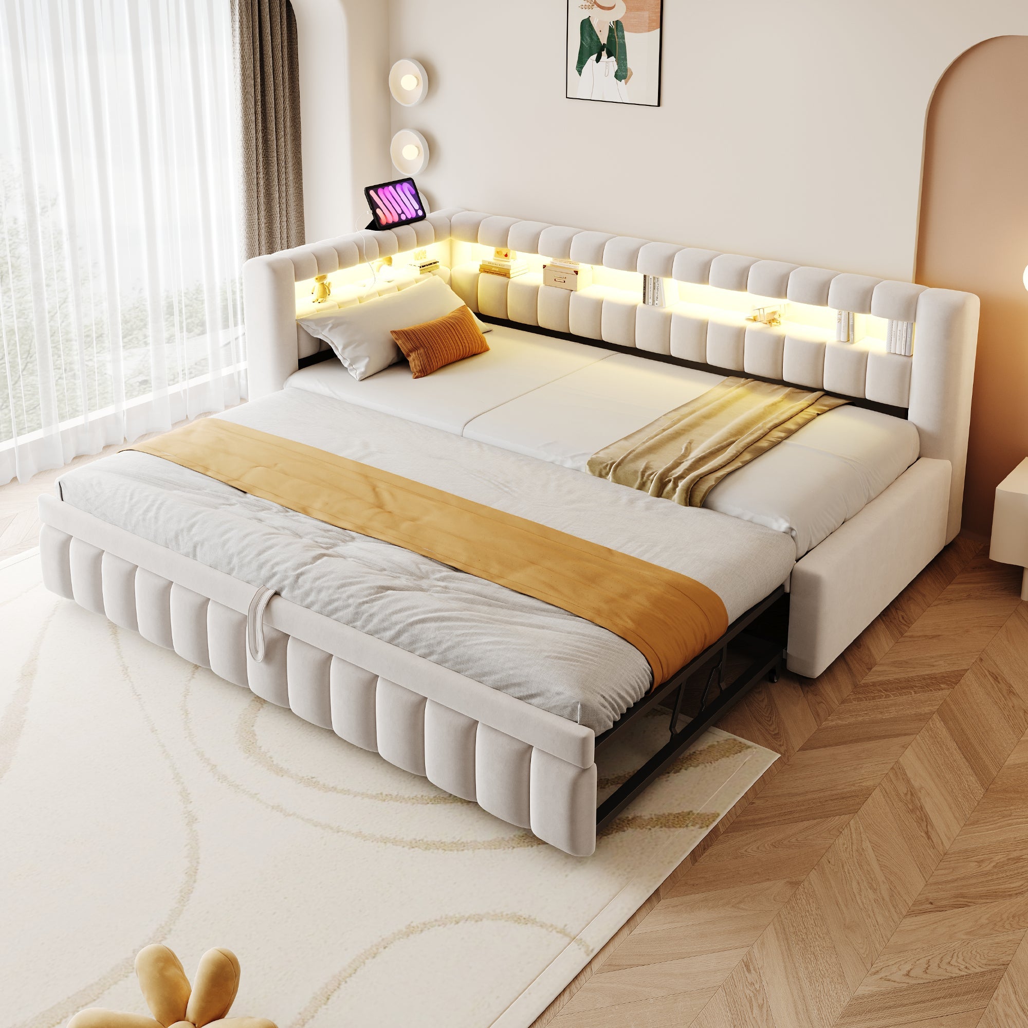 Upholstered Extendable Sofa Bed with LED and USB Port, 90x200cm, Beige Velvet