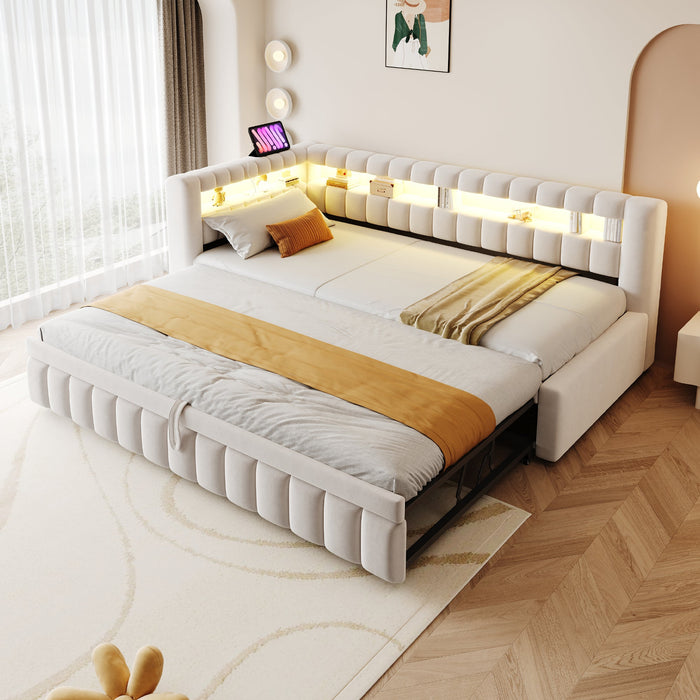 Upholstered Extendable Sofa Bed with LED and USB Port, 90x200cm, Beige Velvet