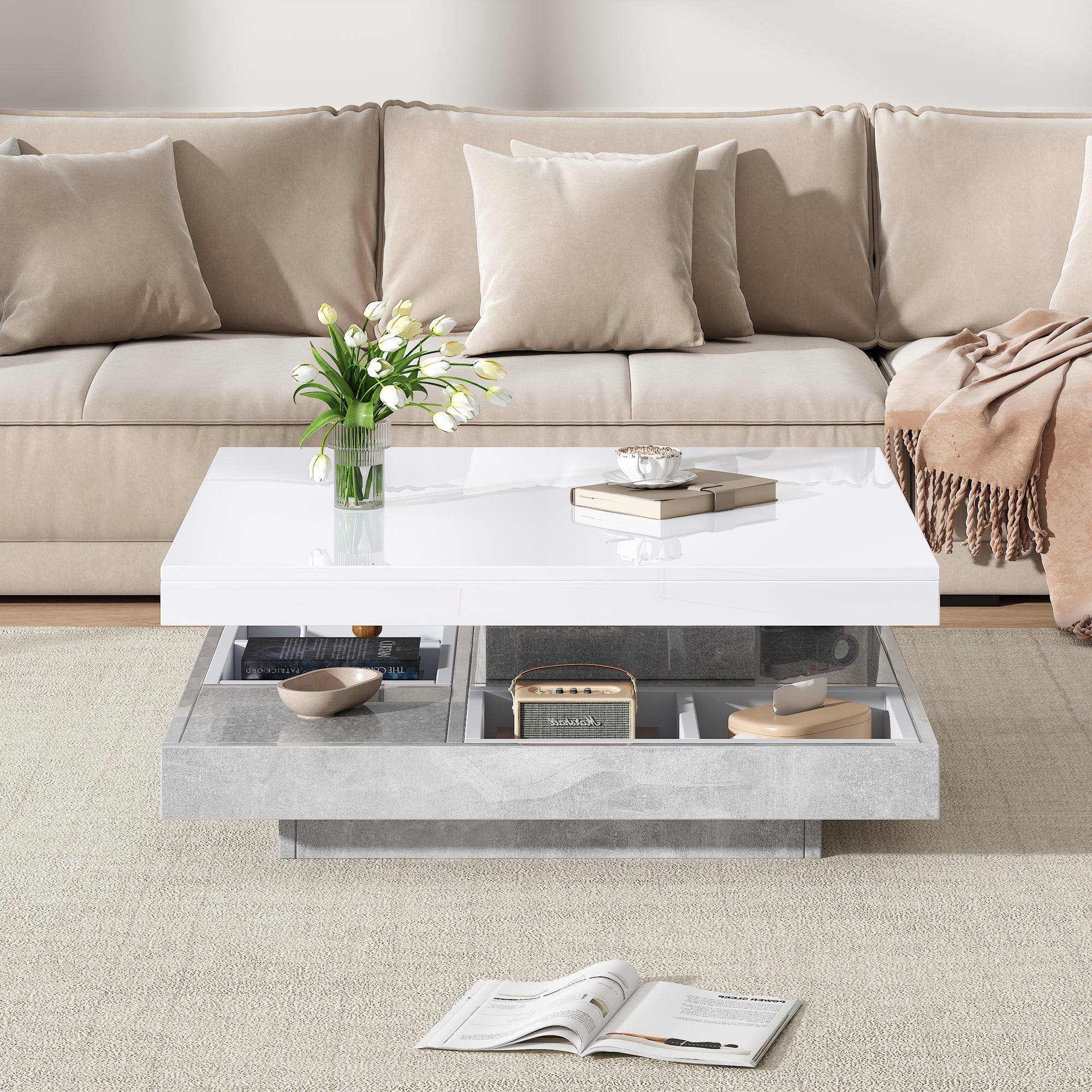 Double Coffee Table, High-Gloss 360° Swivel Top with Storage, White Marble