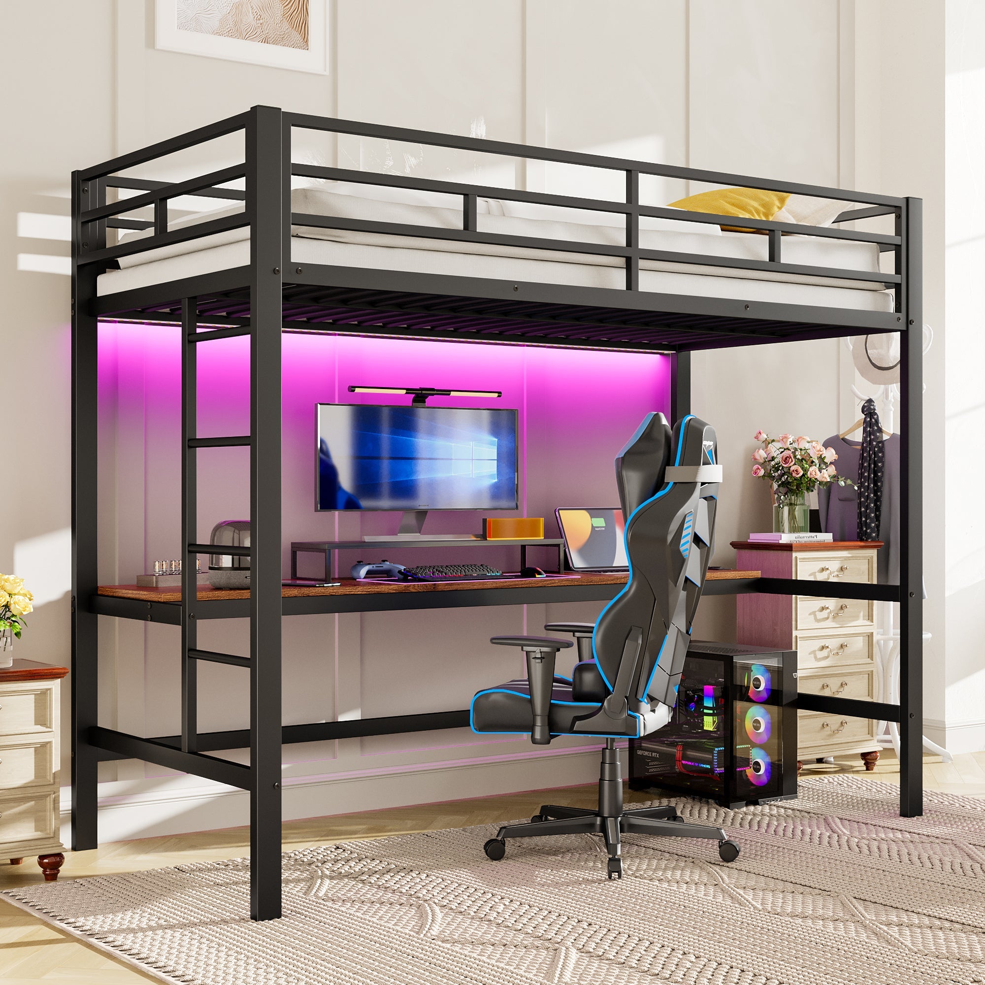 Loft Bed with Desk, USB, Power Outlets and App-Controlled LED Lights, 90x200cm, Black Metal