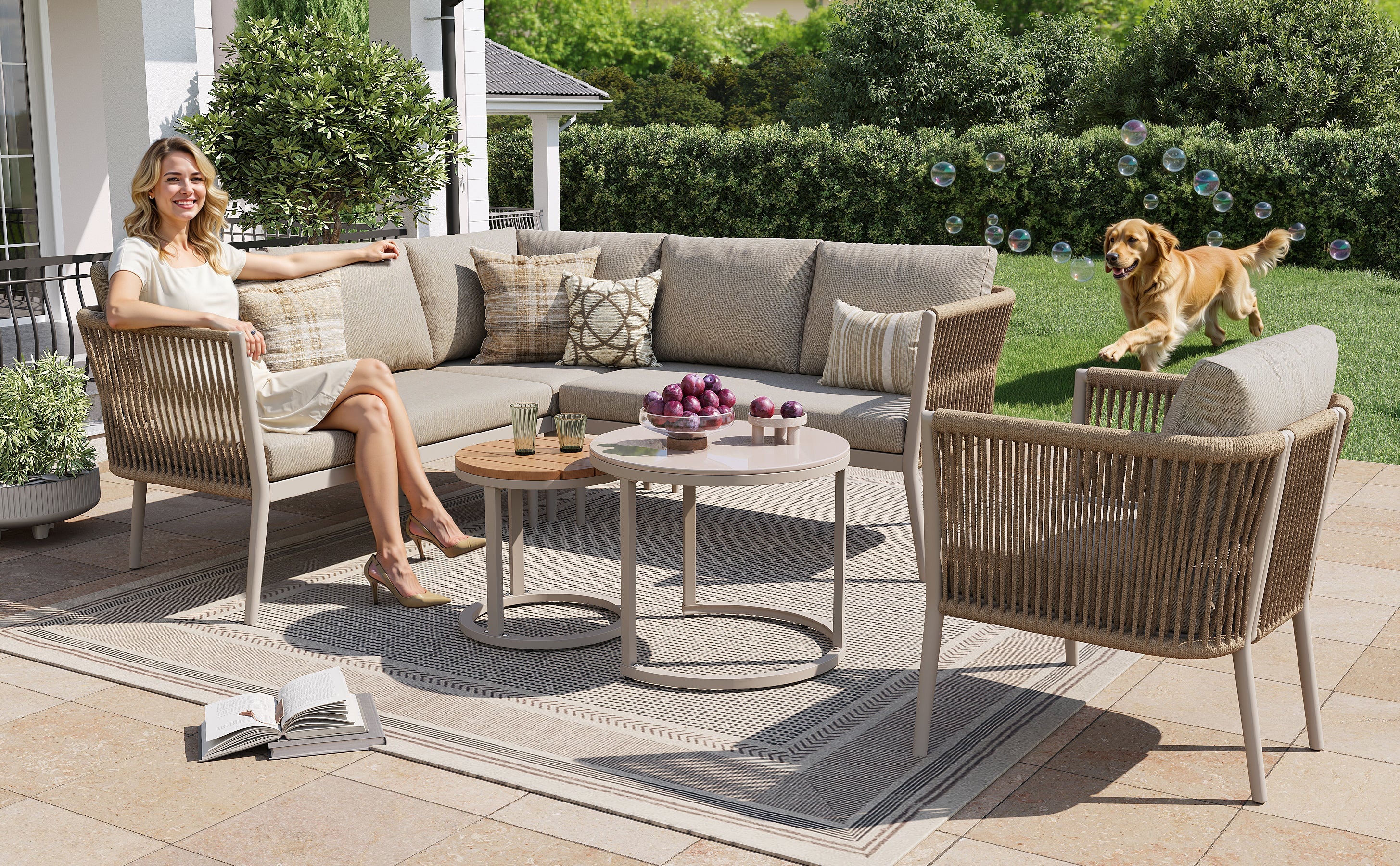 Garden Lounge Set for 5-6 People, 6-Piece Modular Corner Outdoor Sofa with Waterproof Cushions, PE Rattan Beige