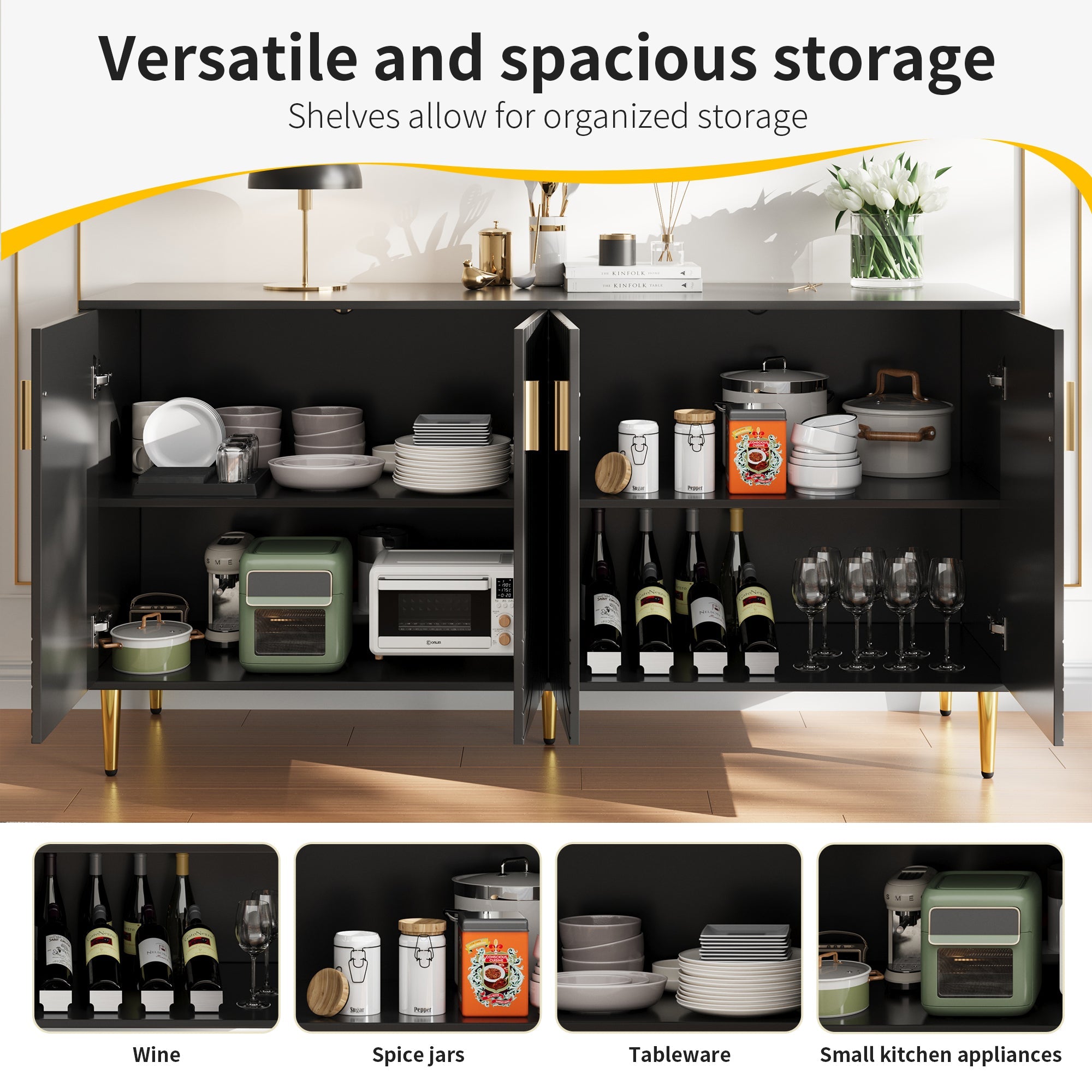 Sideboard, Wave Design with Golden Handles & Feet, Black