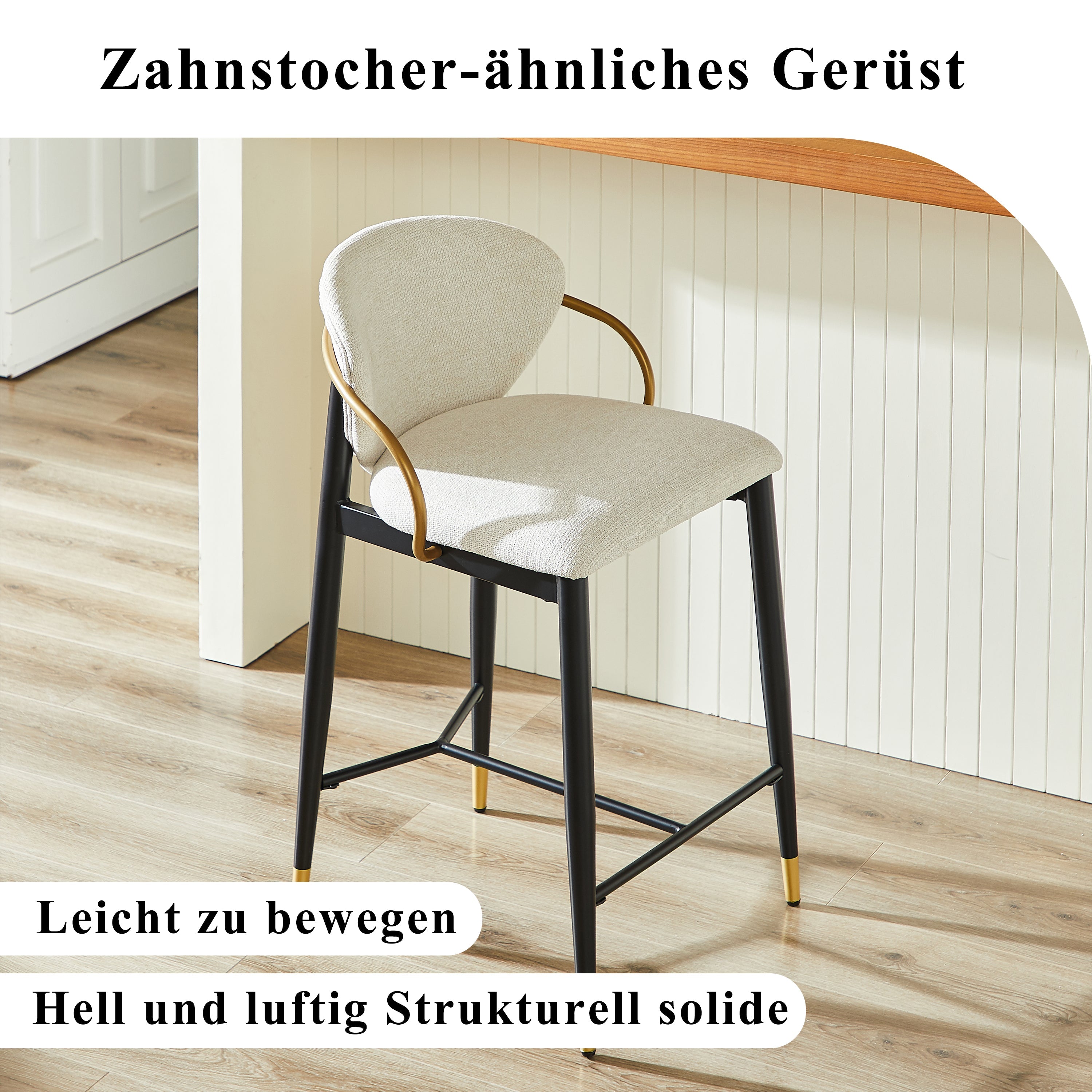 Height-adjustable Bar Stool Set of 2 with Backrest and Footrest, Beige Chenille