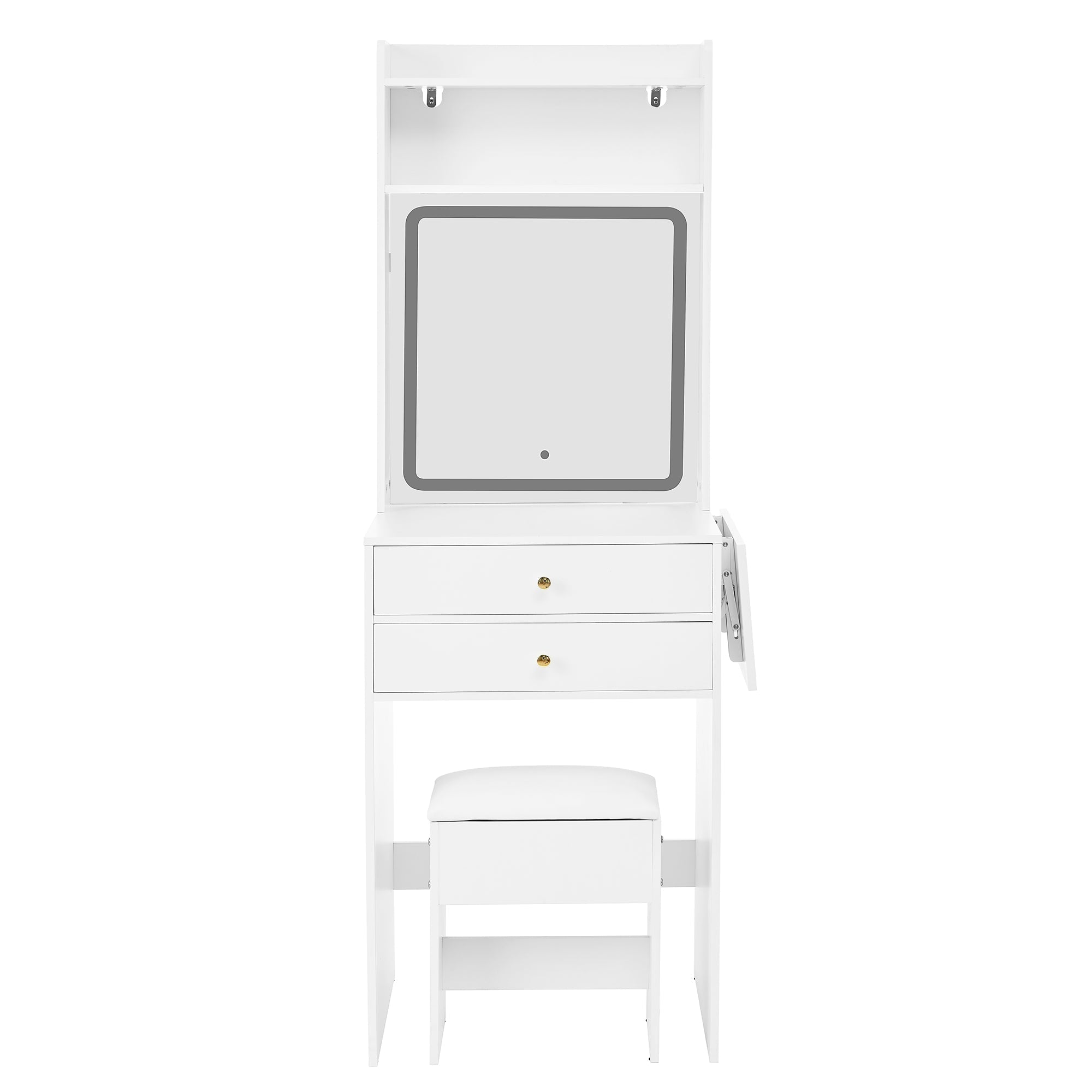 Small dressing table with adjustable LED lighting, stool, 2 drawers, 2 open compartments, and 22cm foldable tabletop, white