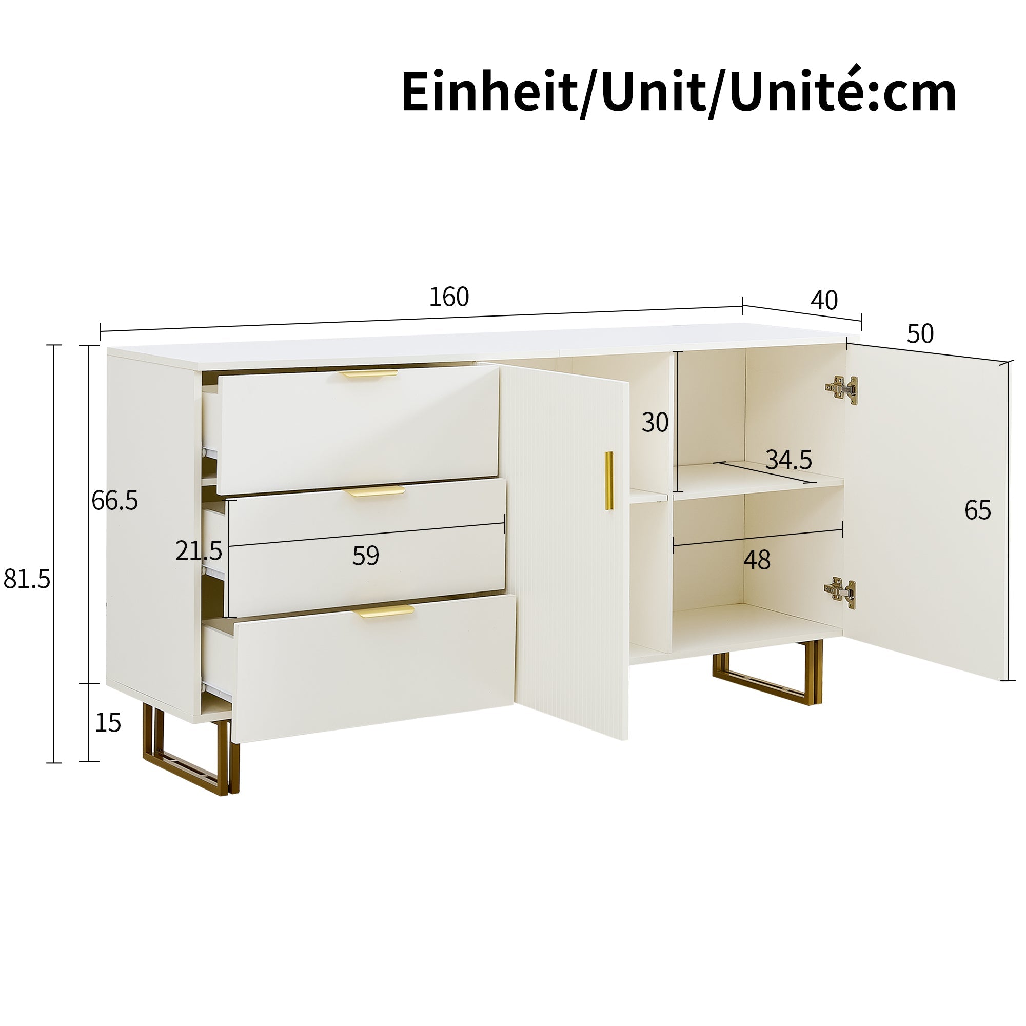 Modern Sideboard with 2 Doors and 3 Drawers, 160cm Storage Cabinet with Gold Steel Legs, White MDF