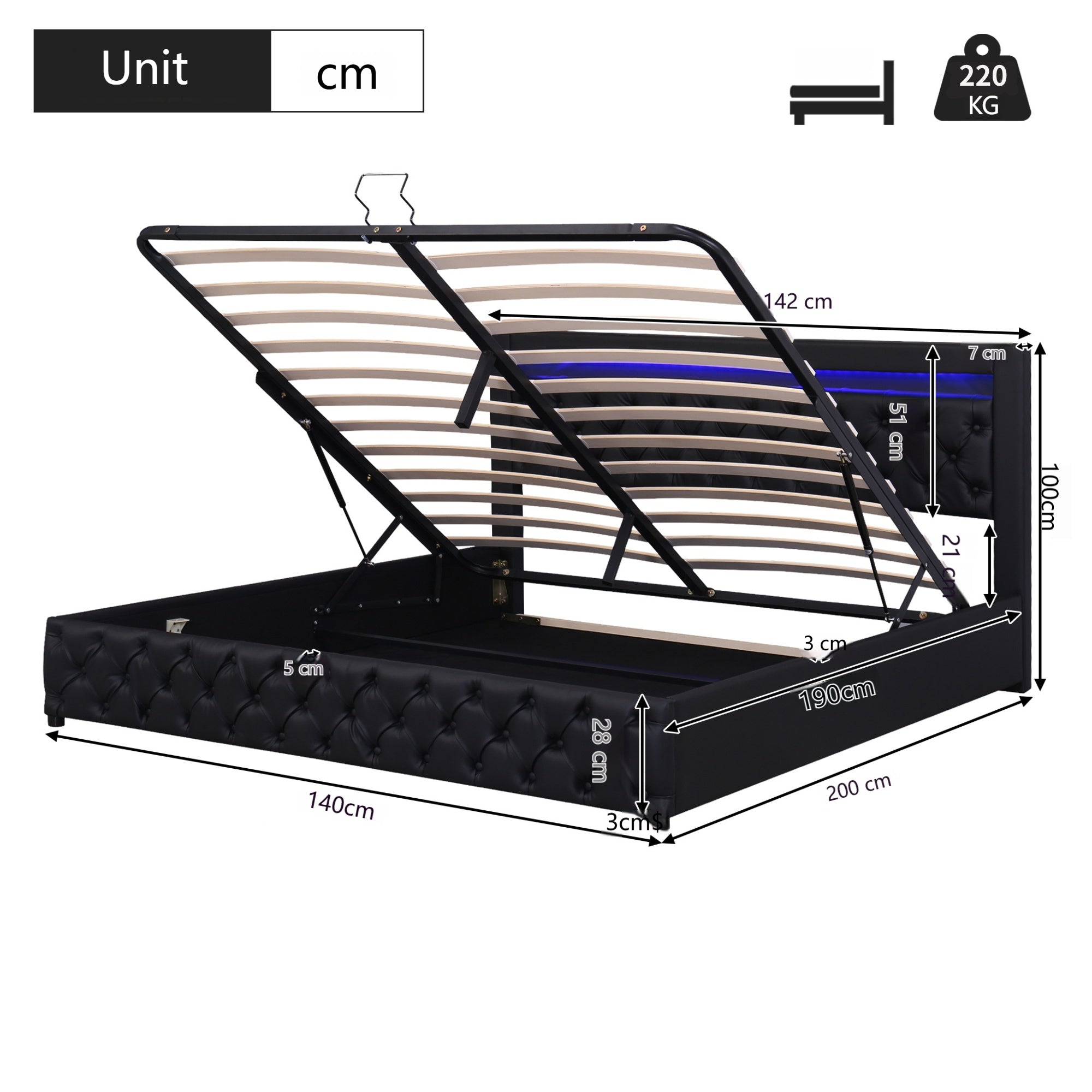 Upholstered Bed 140x190cm Hydraulic Storage Slatted Base LED Light Black PU