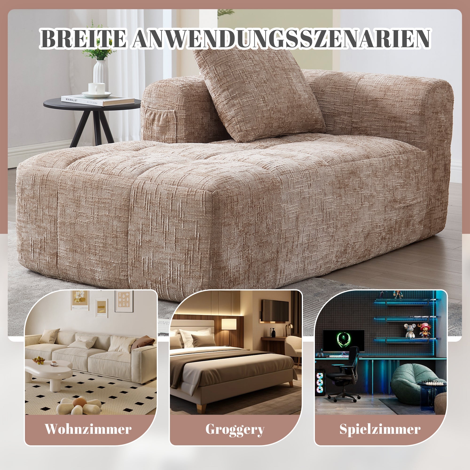 Chaise Longue Sofa, Soft Cushions Side Pockets, Khaki