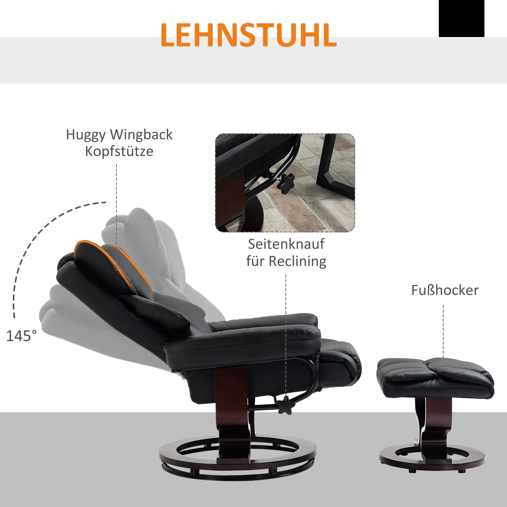 Reclining Armchair with Footstool, Swivel TV Armchair Faux Leather Black