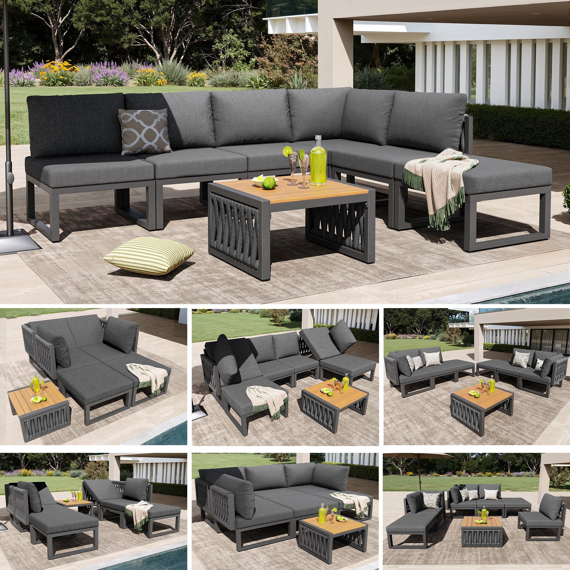 Garden Furniture Set 6-Person Lounge Double Sun Lounger Adjustable Backrest Cushions - Grey