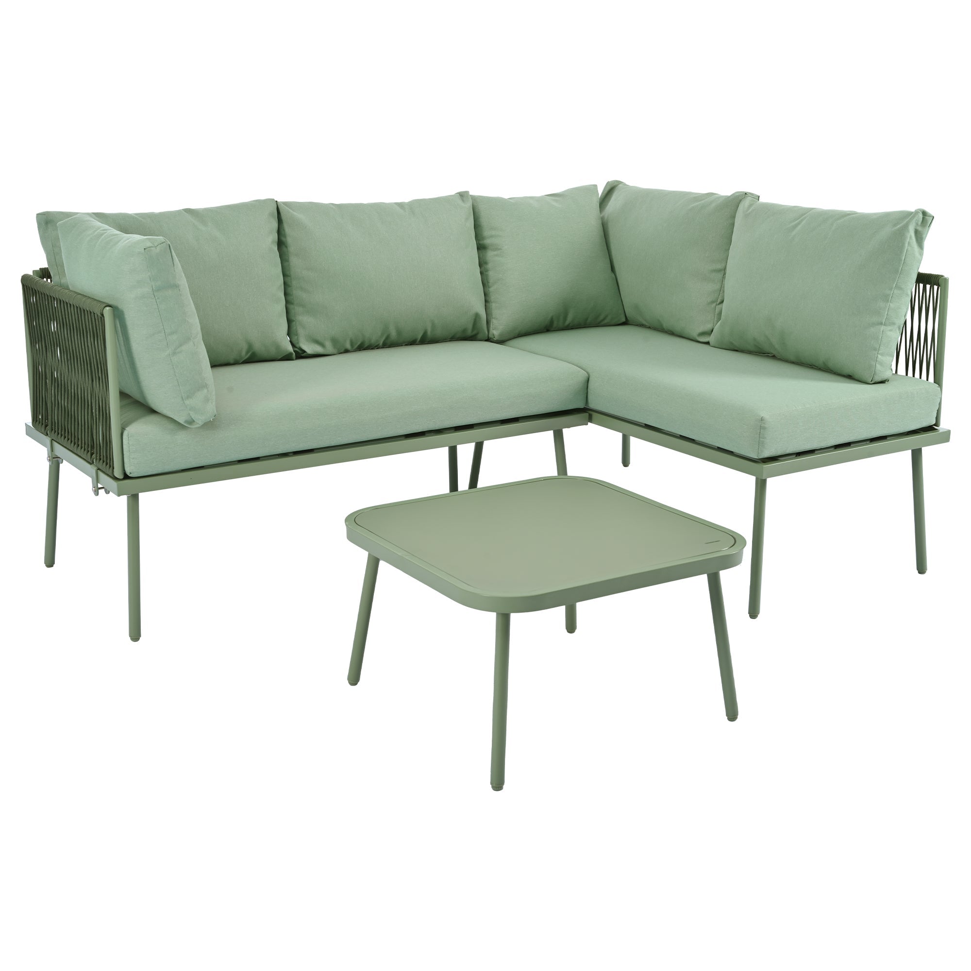 Outdoor Patio Furniture Garden Lounge Set 4-5 Person L-Shaped Corner Sofa Glass Coffee Table Green