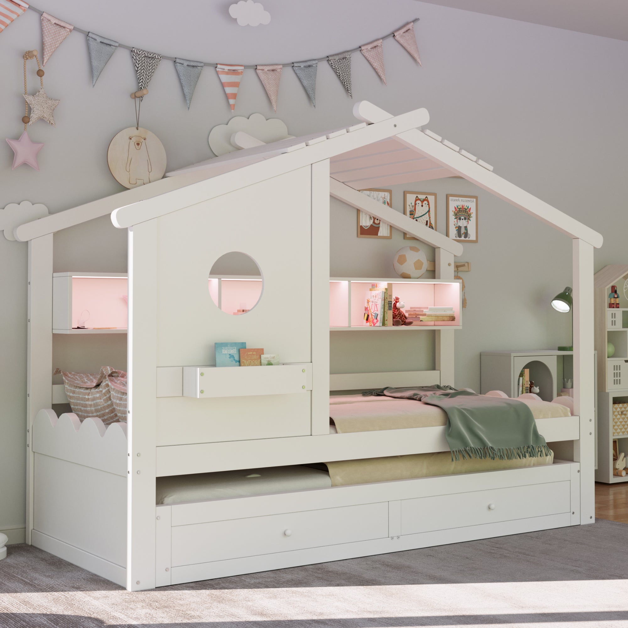 Multifunctional Children's Bed with House Design, Pull-out Bed, Drawers, Shelves, USB and LED, 90x200cm, White