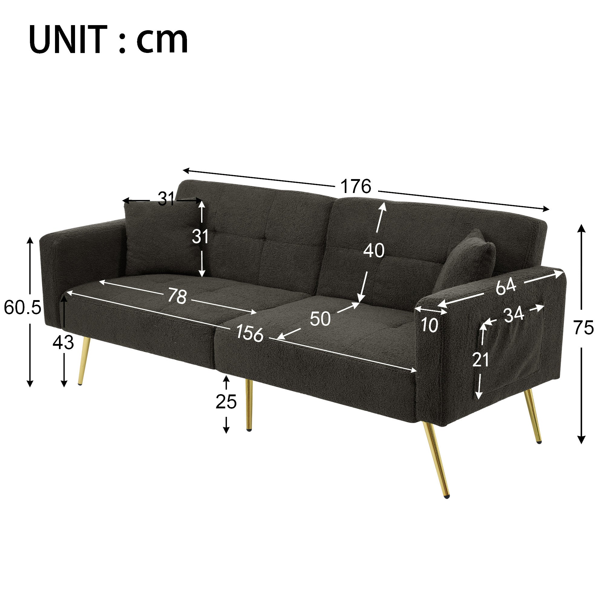 Sofa Bed with Bed Function, 3 Adjustable Backrest Angles, Gold Legs, Cushions, and Side Storage Pockets