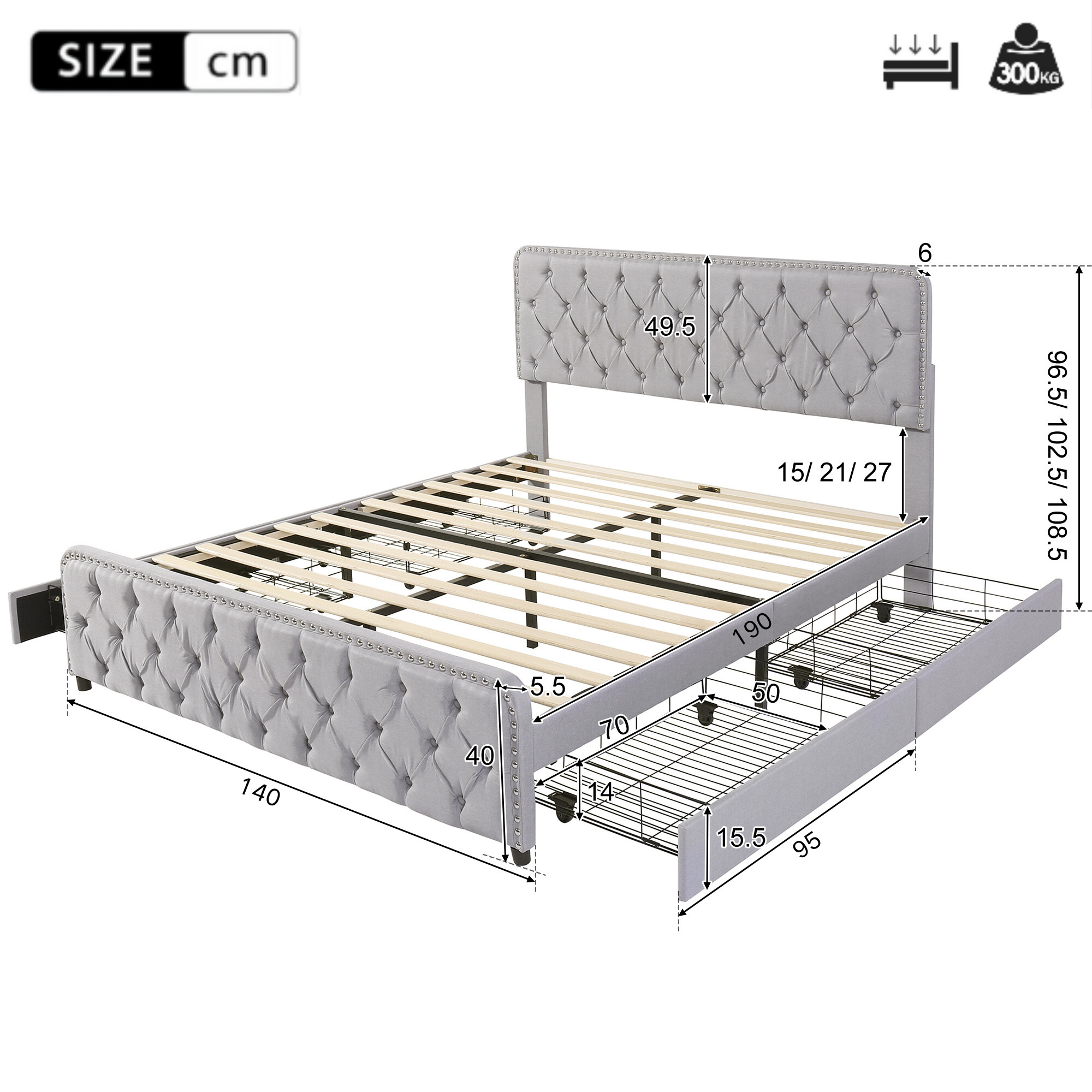 Upholstered Double Bed with 4 Drawers and Height-Adjustable Headboard, 140x190cm, Light Grey Linen