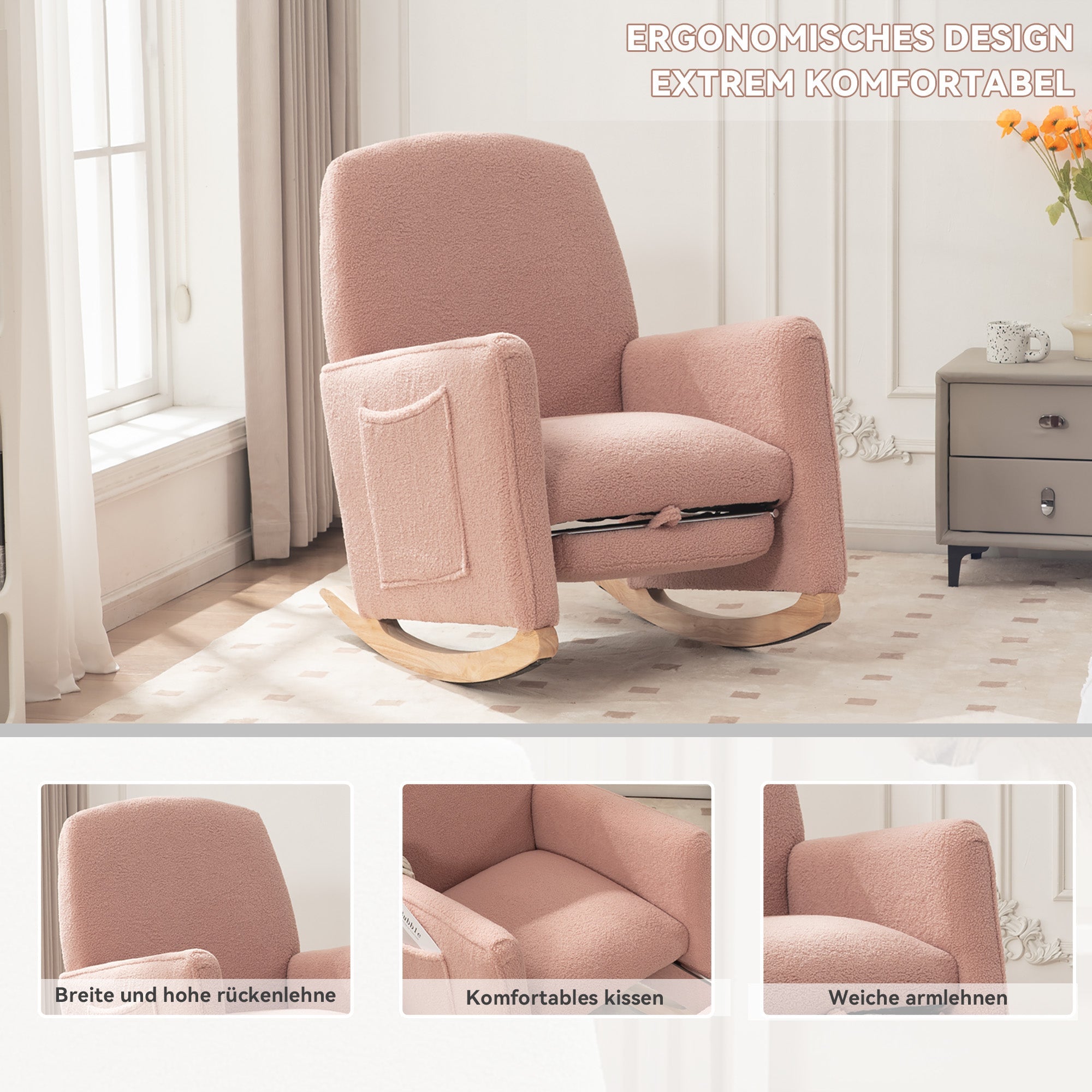 Rocking Chair with Stool, Indoor Recliner with High Backrest, Pink Teddy Fabric