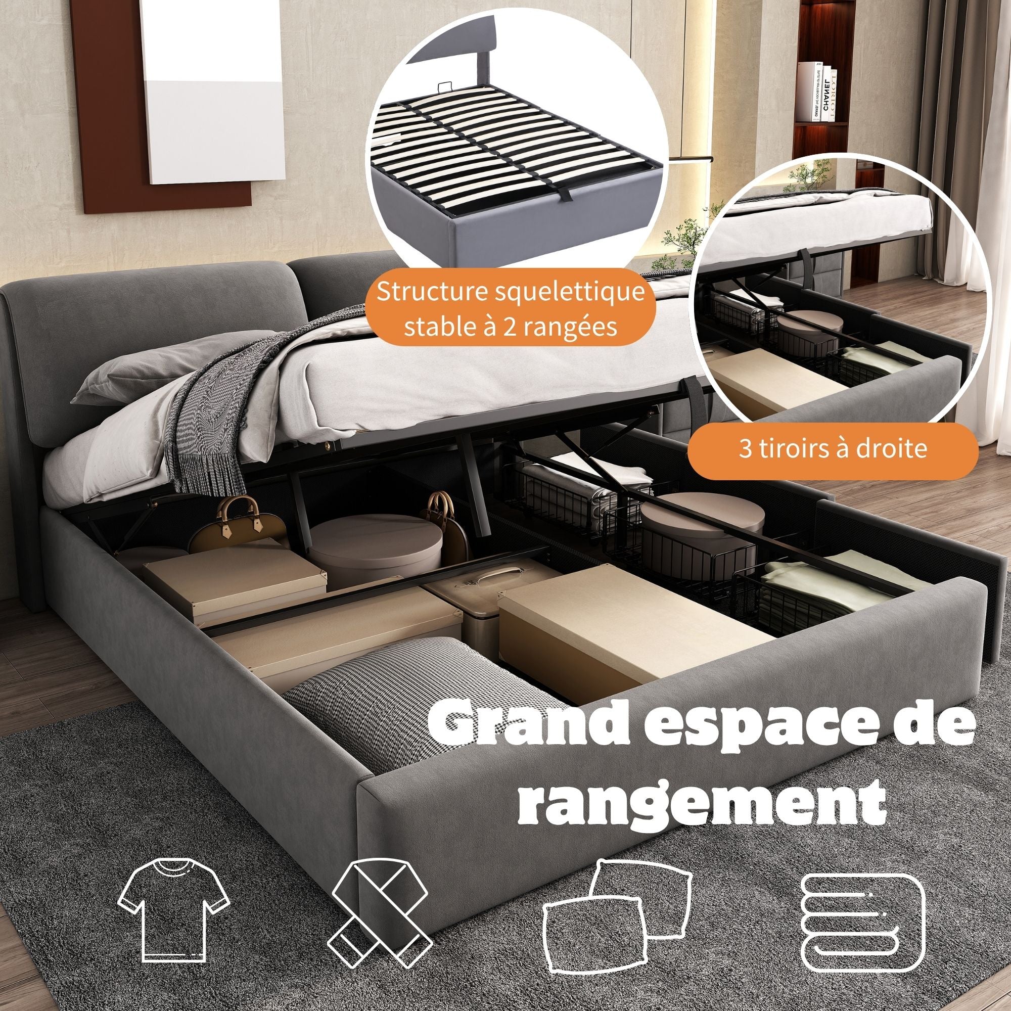 Upholstered Bed with Hydraulic Lift and 3 Drawers, 140x200 cm, Grey Velvet