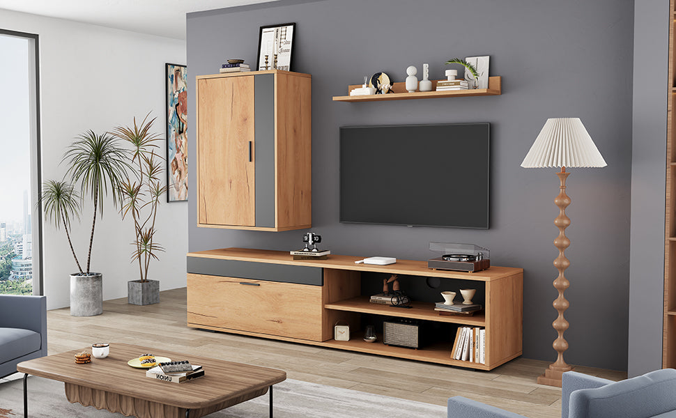 TV Wall Unit Set, 3-Piece Media & Storage, Wood + Black